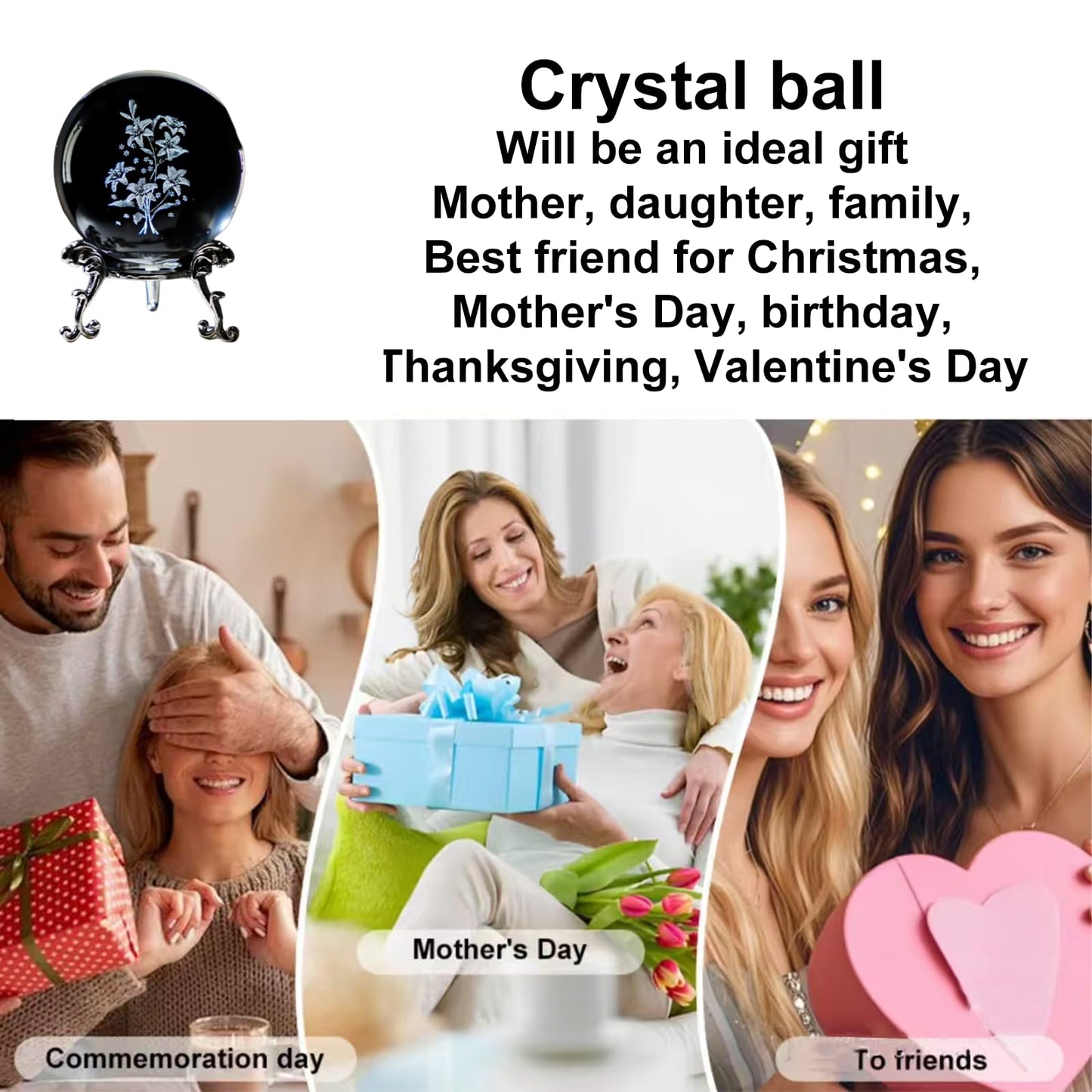 2.36in 3D Laser Engraved Flower Crystal Ball with Base Glass Sphere Ornament Paperweight for Desktop Display Shelf or Ambient Decor
