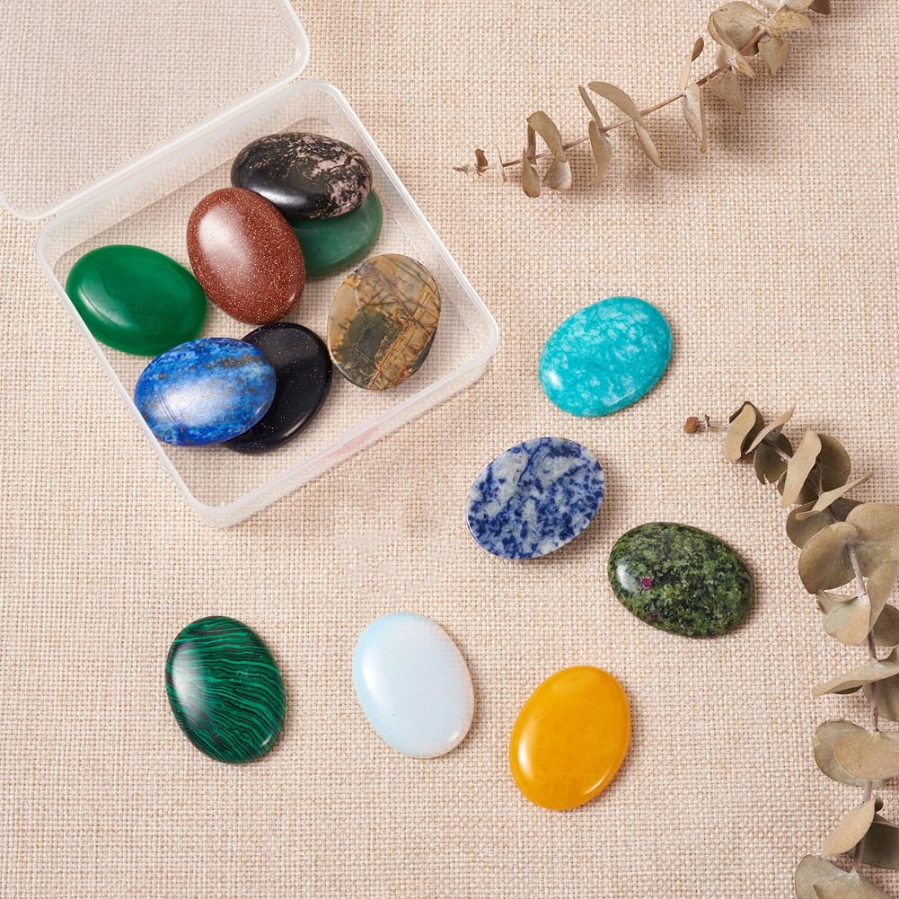 Fashewelry 14pcs Oval Healing Crystal Gemstone Cabochons 40x30mm Assorted Flatback Natural & Synthetic Energy Stone Cab Covers No Hole for Jewelry Craft Bracelet Necklace Making