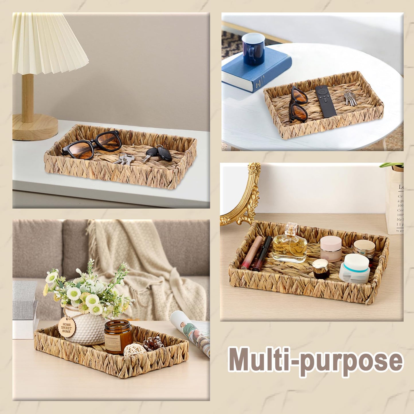 GUSHBIN Decorative Key Holder for Entryway Table Handwoven Natural Water Hyacinth Basket Tray Rectangular Serving Tray, 11.9" x 7.9" x 1.6"