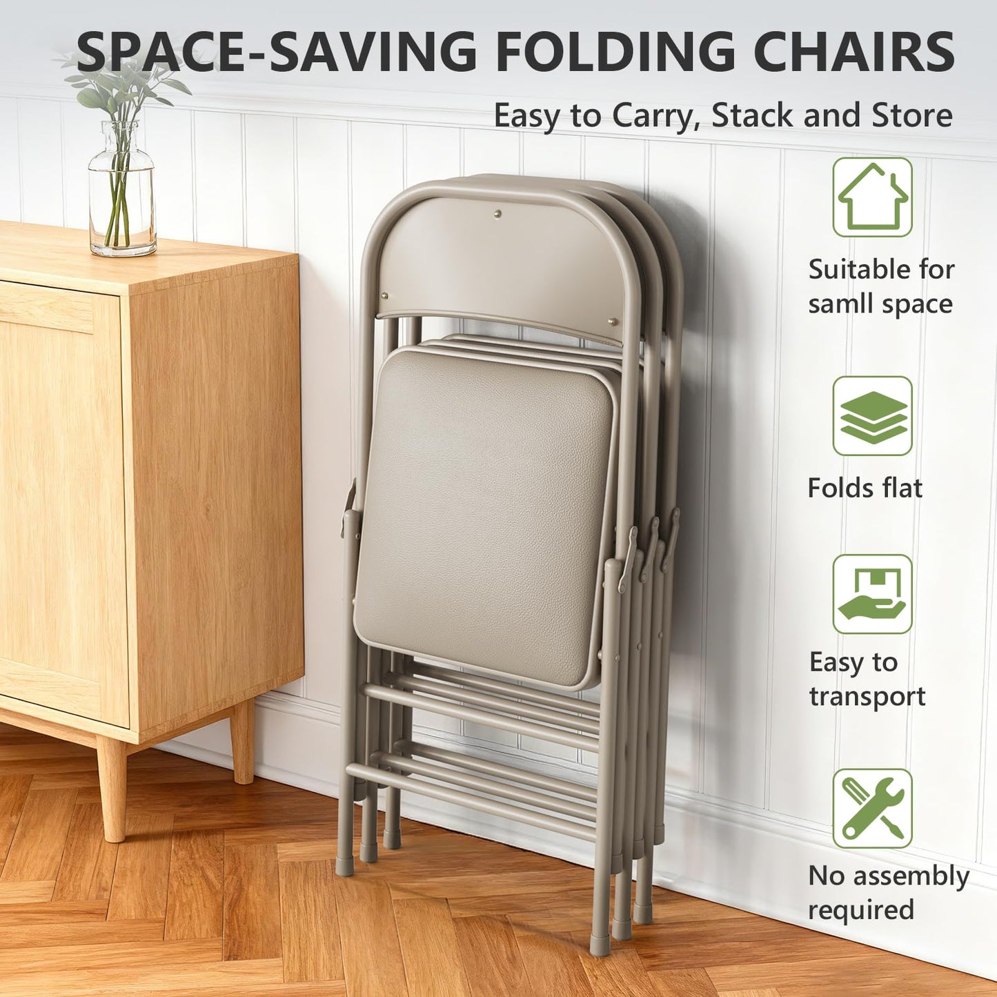 Folding Chairs 2 Pack, PU Leather Padded Folding Chairs for Outside and Indoor, Heavy Duty Portable Foldable Metal Commercial Seat for Home Office, Dorm, Party, Backyard, Lawn, Patio, Khaki