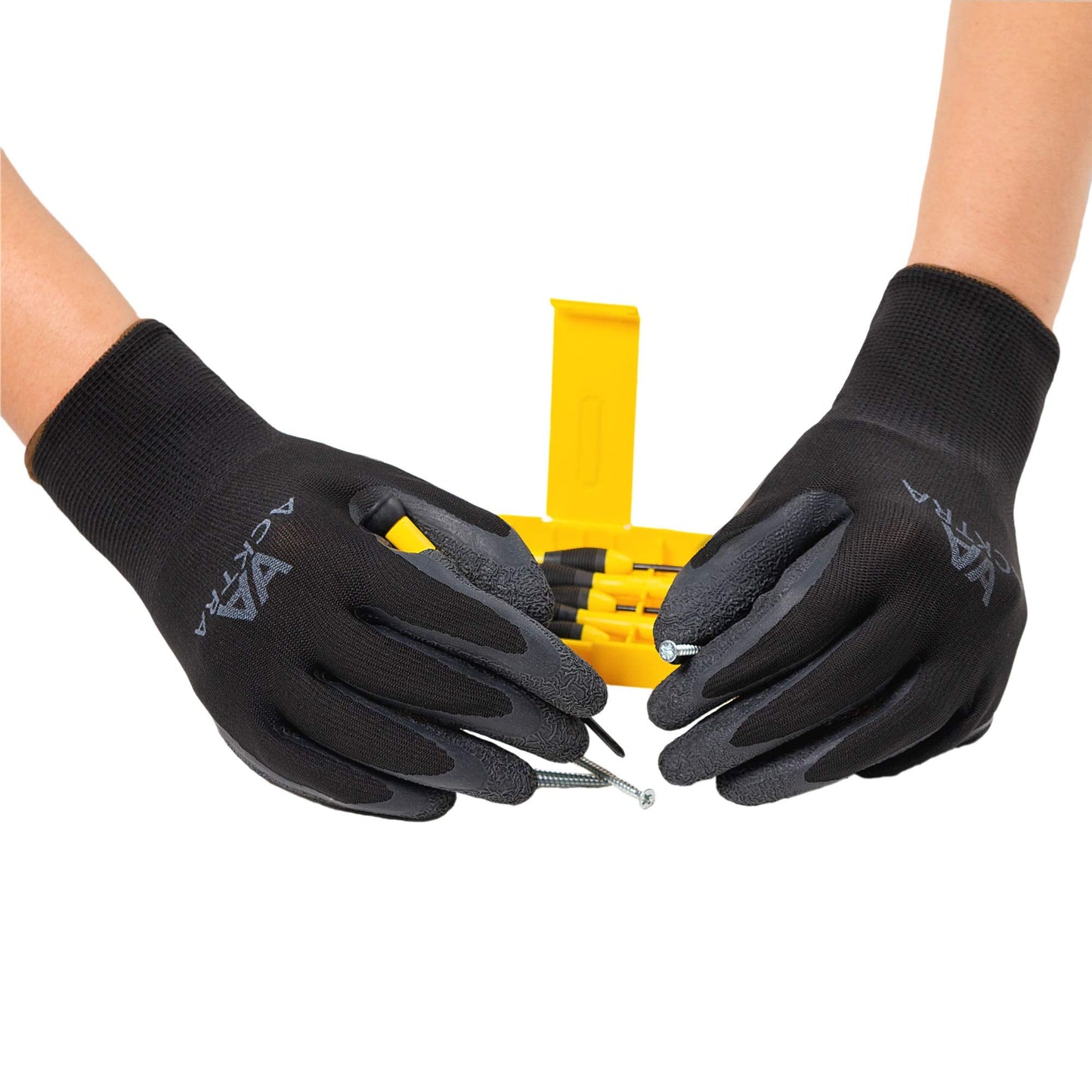 ACKTRA Coated Nylon Safety WORK GLOVES 12 Pairs, Knit Wrist Cuff, Multipurpose, for Men & Women, WG008 Blue Polyester, Black Latex, Medium