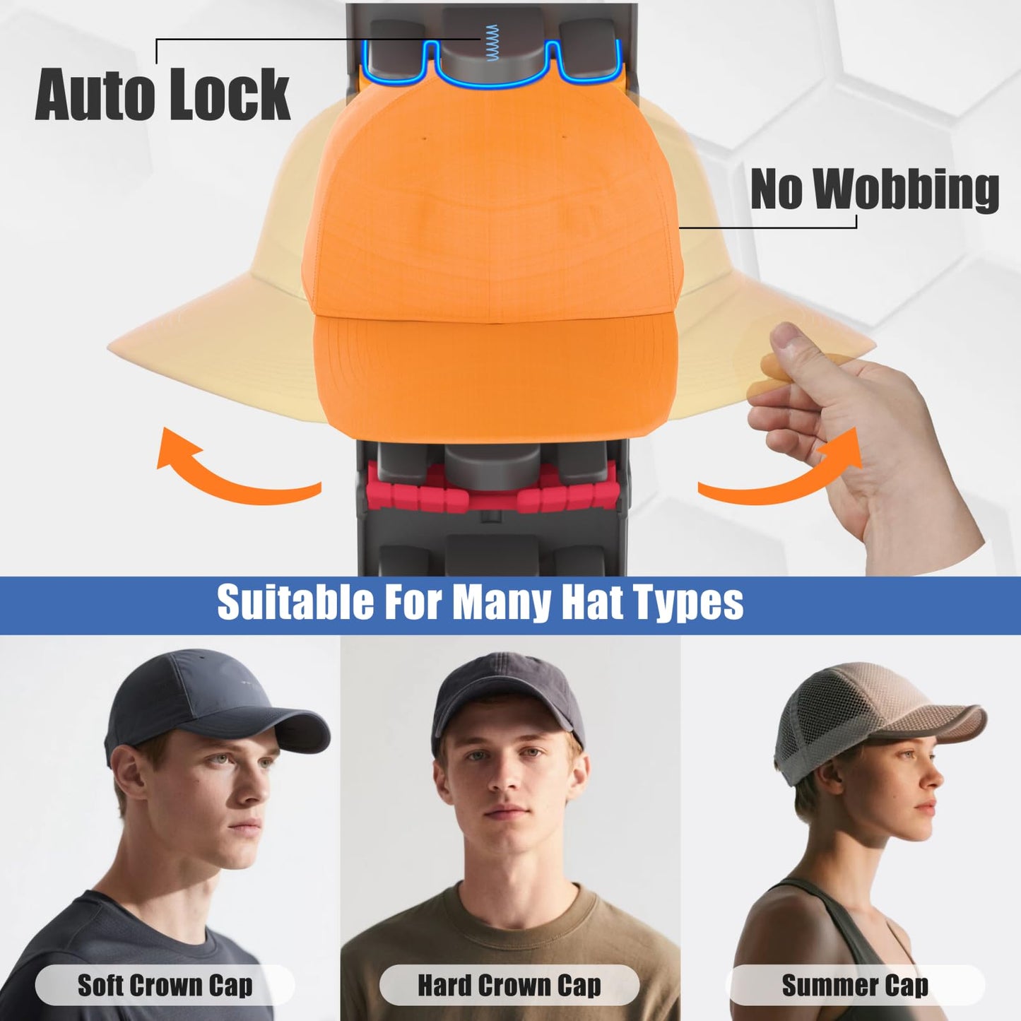 BRUBEQO Hat Organizer for Baseball Caps 2 Packs with Built Spring Clips - Wall Mount Closet Hat Rack Holder, Storage for Wall Door/Closet Display Hat Racks Hanger (Install by Adhesive & Screws)