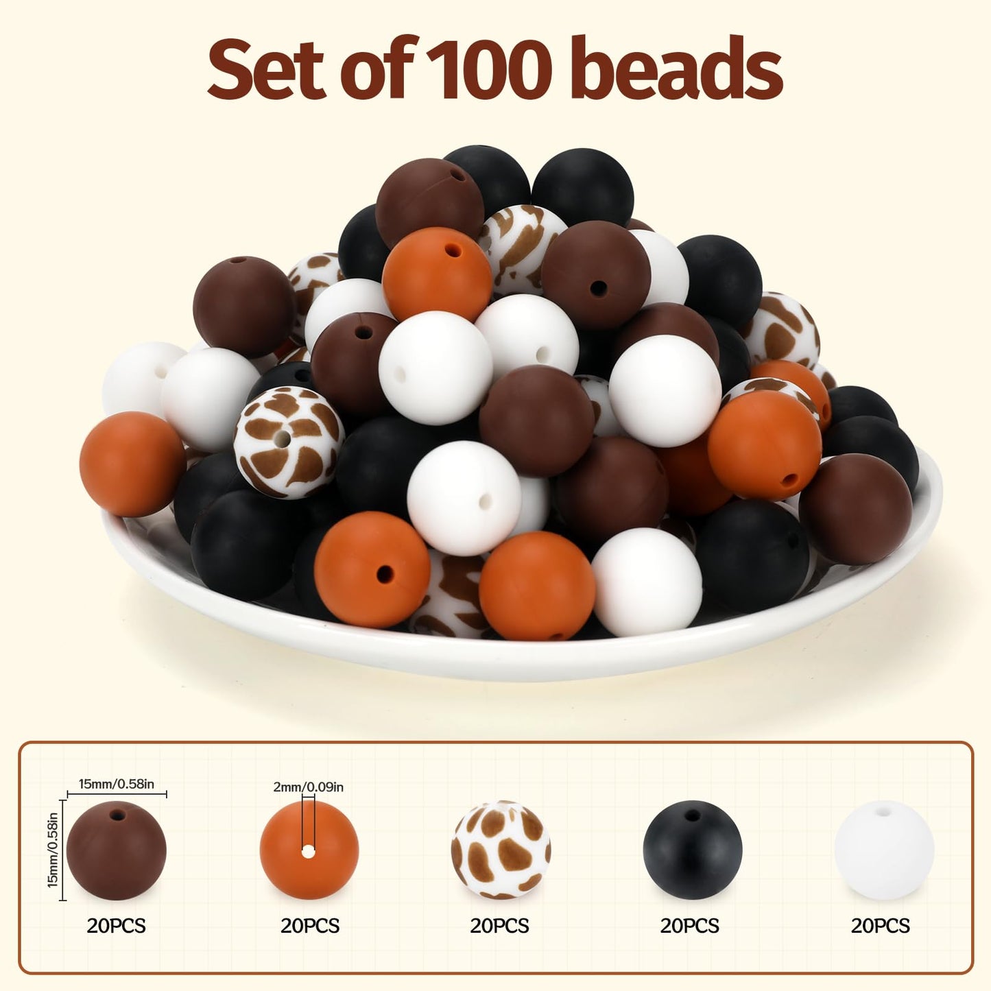 SALUOKE 100 Pcs 15mm Silicone Beads for Keychain Making, Pink Gream Silicone Beads Bulk Round for Bracelets Pens Crafts Jewelry Making (Brown White)