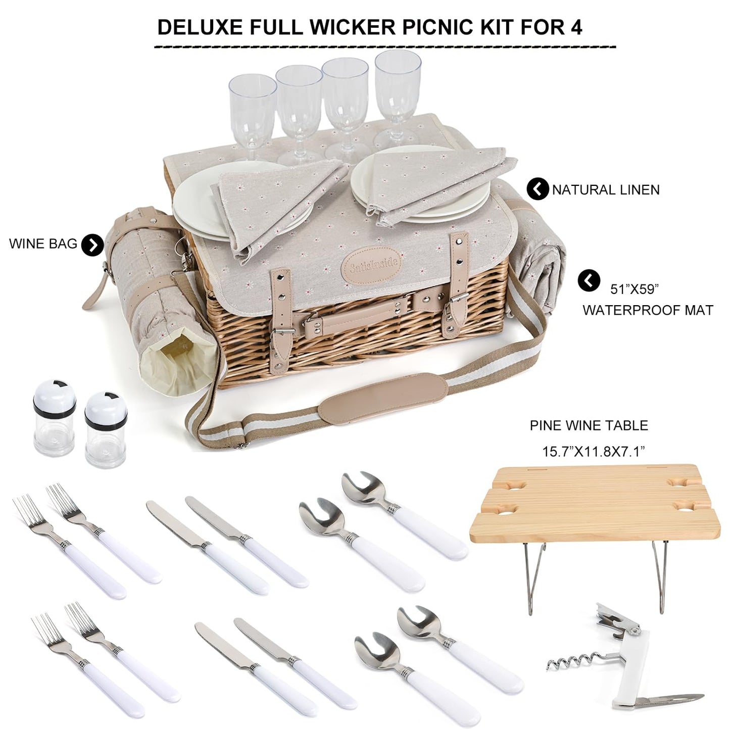 Multifunctional Wicker Picnic Basket Set for 4 with Blanket and Picnic Table, Insulated Picnic Set with Full Tablewares for Camping Outdoor Couples, Flowers