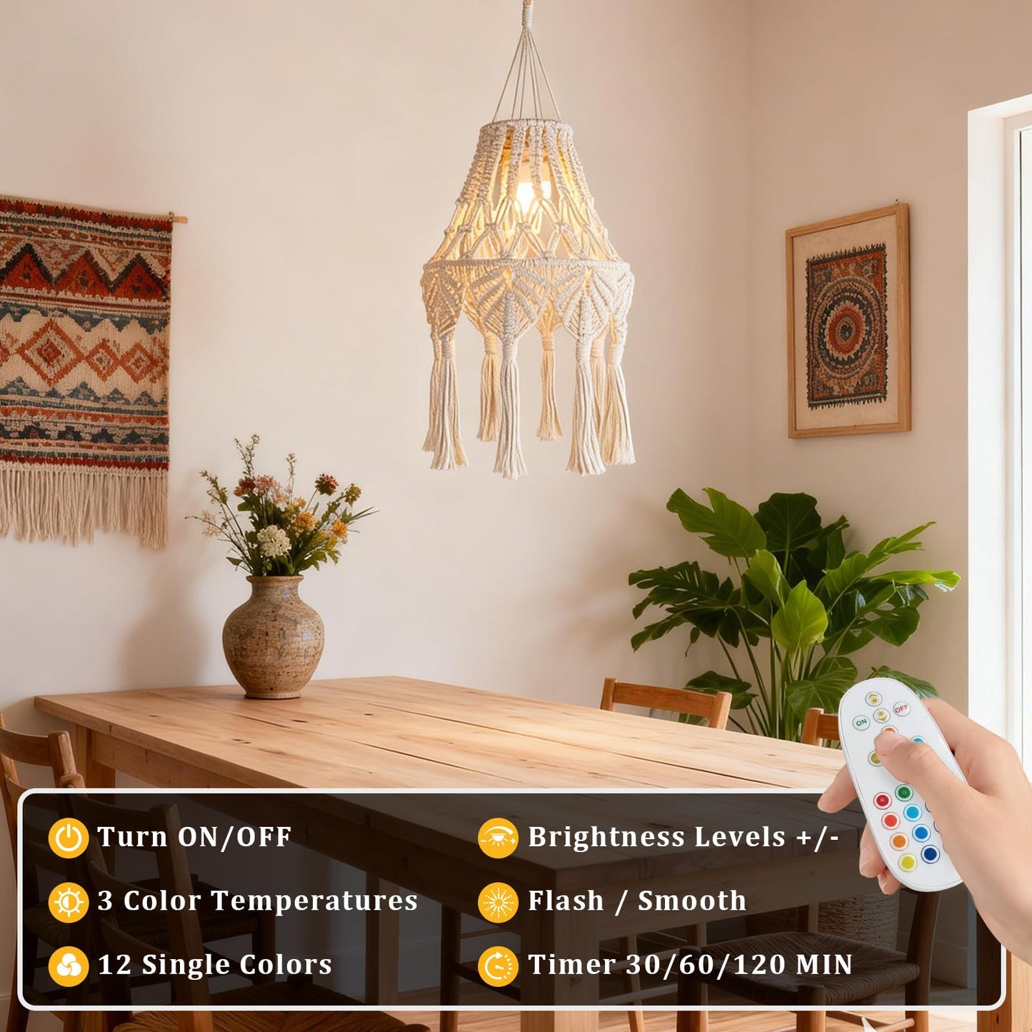 AVAMERY Boho Chic Macrame Pendant Lights with Tassels, Remote Control Dimmable Timer Rechargeable Battery Operated Hanging Lamp, Cotton Rope Wall Decor for Bedroom Living Room