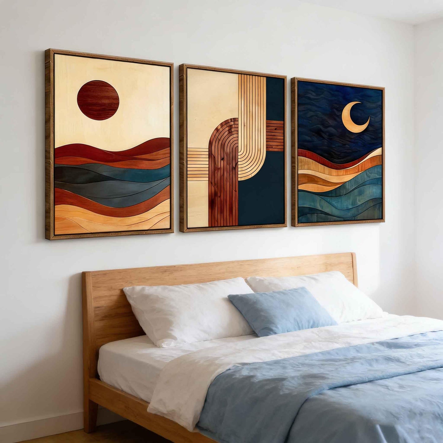 【3-Piece】 16x24 Inch Framed Sun & Moon Modern Abstract Wall Art - Boho Mid-Century Geometric Canvas Decor for Living Room