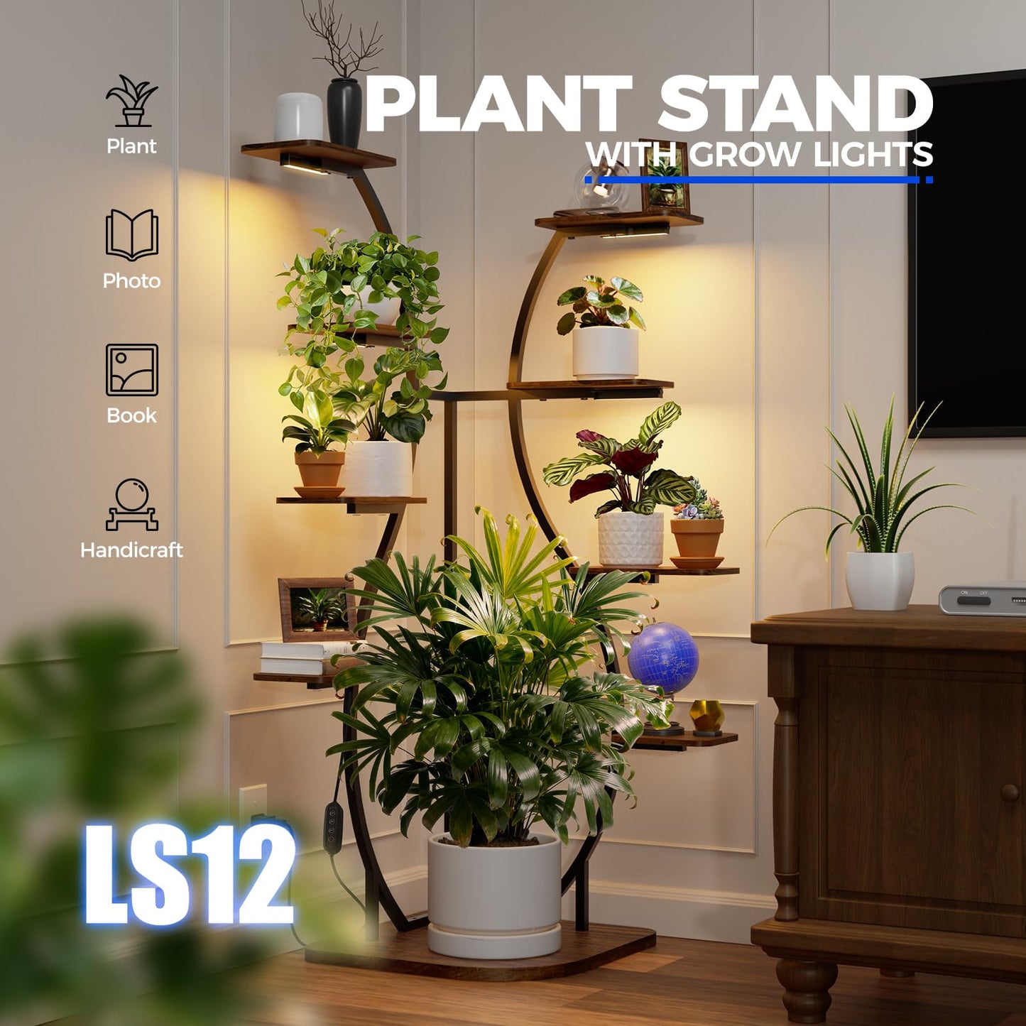 Barrina LS12 Corner Plant Stand with Grow Light, 62.2" Tall 9-Tier Plant Shelf for Large Plant, Warm Full Spectrum T5 Grow Lights, S-Shape Corner Flower Holder for Living Room, Home Decor, Gardening