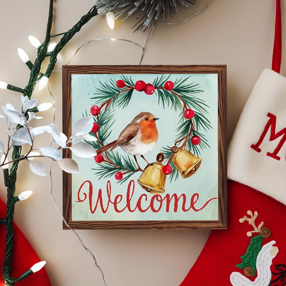 Welcome Sign Decorative Wooden Framed Sign Christmas Decor Sign Winter Robin and Berries Wall Art for Christmas, Entryway, Home 8x8 Inch