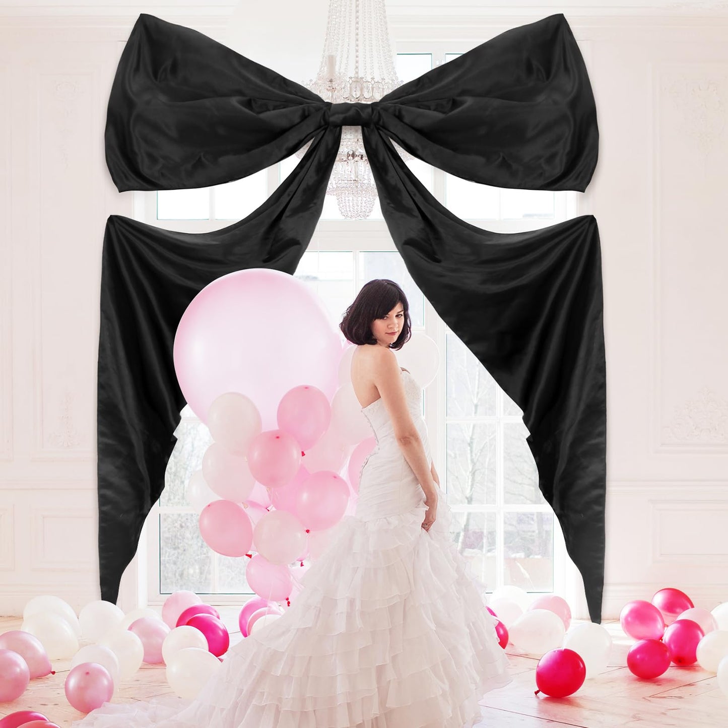 Wavwavw Big Wall Bow Decorations 39 x 72 Inch Giant Birthday Party Decor Ribbon Hanging Tie Bow Decor for Coquette Party Baby Shower Wedding Bridal Bachelorette Supplies(Black,Polyester,Weeding)