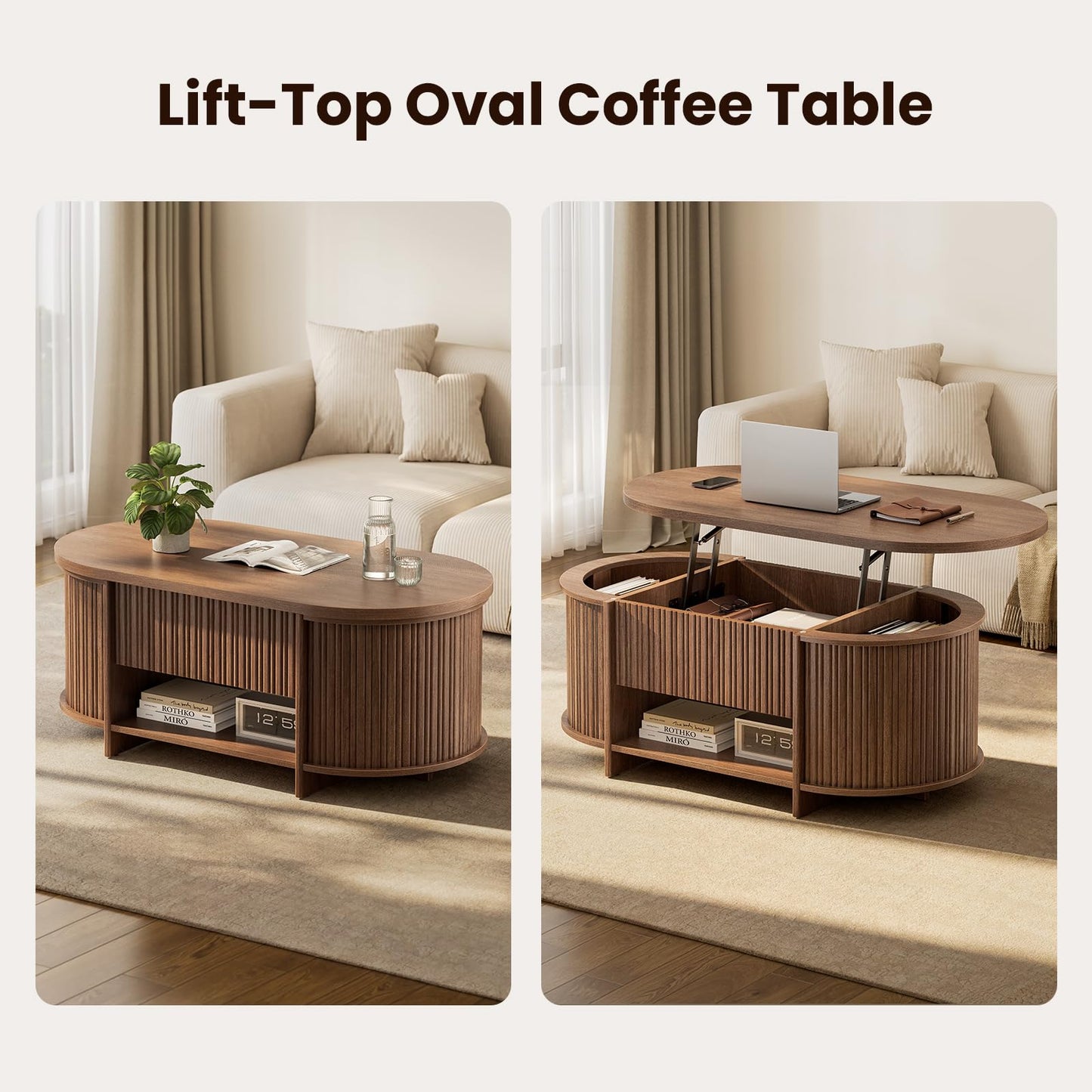 Sikaic Fluted Lift Top Coffee Table with Storage, Mid Century Modern Oval Coffee Tables with Open Shelf and Hidden Storage Compartment, Center Table for Living Room, Office, Small Space, Walnut Brown