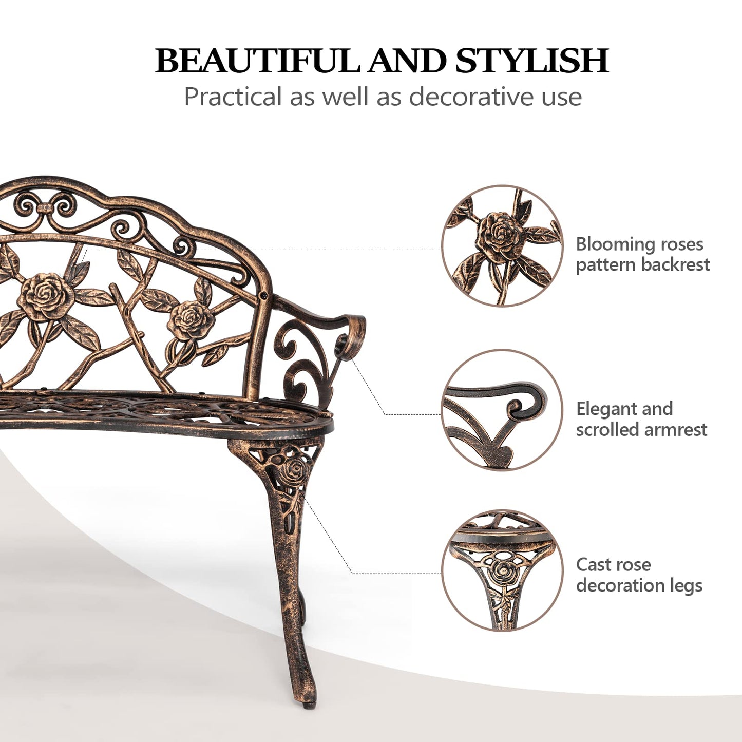 VINGLI 38.5" Patio Park Garden Outdoor Metal Rose Bench, 2-Person Cast Iron Cast Aluminium Frame Antique Finish Chair,Accented Lawn Front Porch Path Yard Decor Deck Furniture (Bronze, Rose)