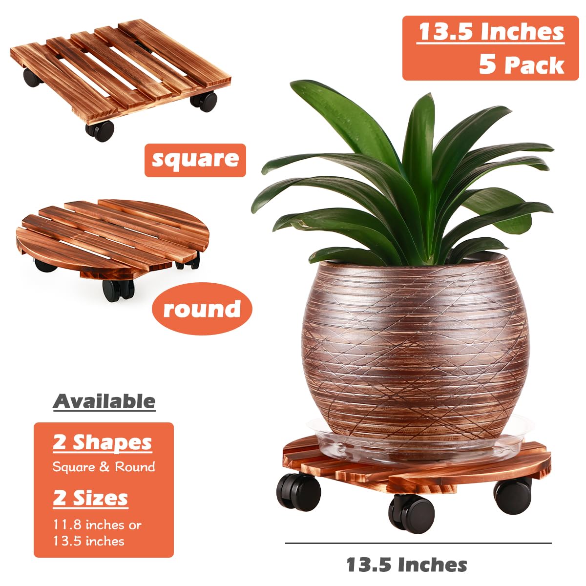 5 Pack Plant Caddy with Wheels Heavy Duty 13.5 Inch Wooden Plant Stand on Wheels Plant Dolly Rolling Plant Stand Plant Roller with Casters for Indoor and Outdoor with 5 Pack Plant Saucers, Round