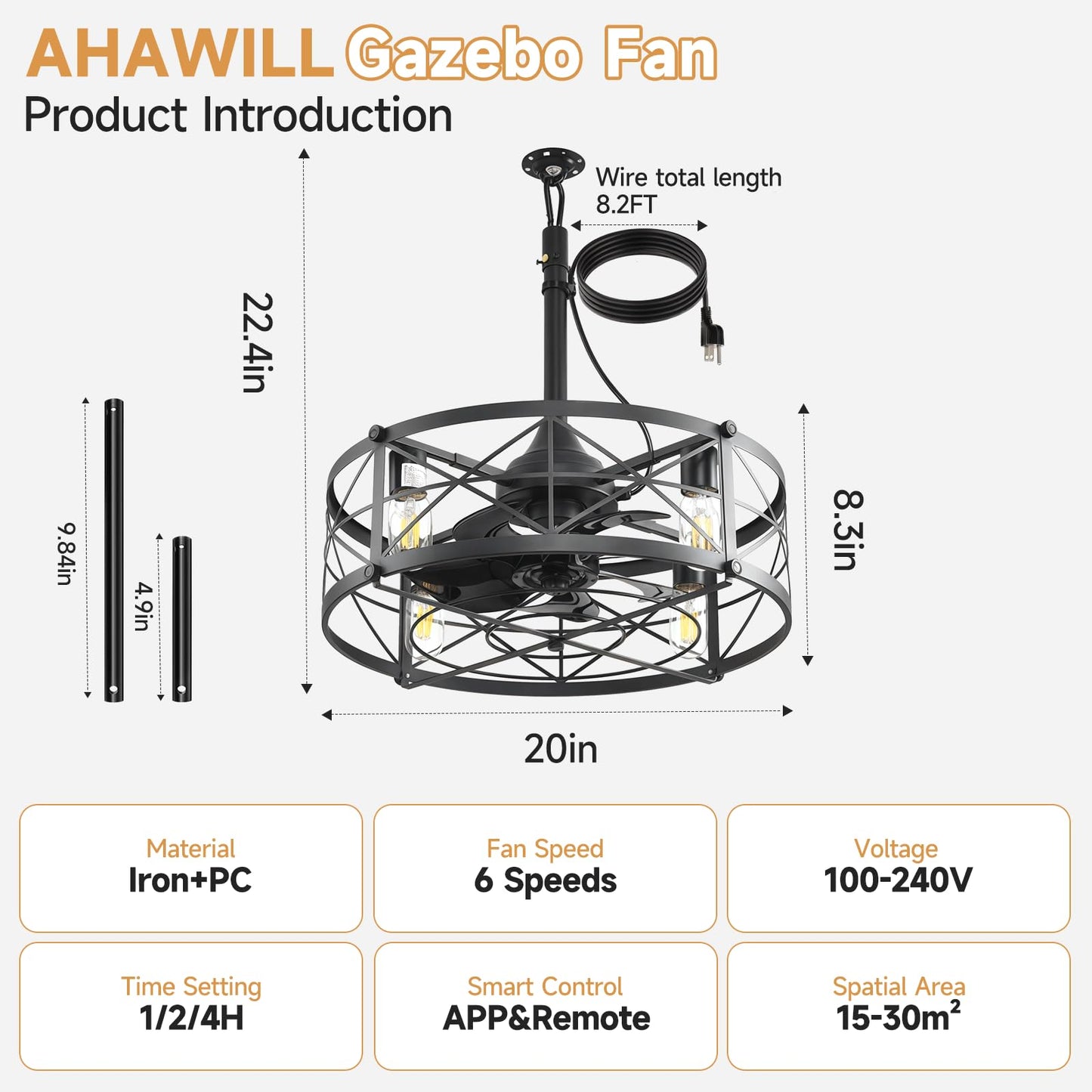 AHAWILL Outdoor Ceiling Fan with Light,20" Gazebo Fan Remote&APP Control,Outdoor Hanging Fan,6 Speeds and Timing,Plug in Caged Ceiling Fan for Patio,Farmhouse,Porch,Pergola.Black