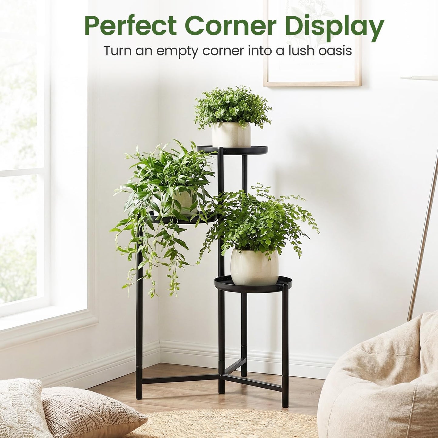 Giantex 3-Tier Metal Plant Stand Indoor Outdoor, Tall Corner Flower Pot Holder Display Rack for Living Room Balcony Patio Garden Office, Heavy Duty Vertical Shelf, Metal Plant Rack Organizer, Black