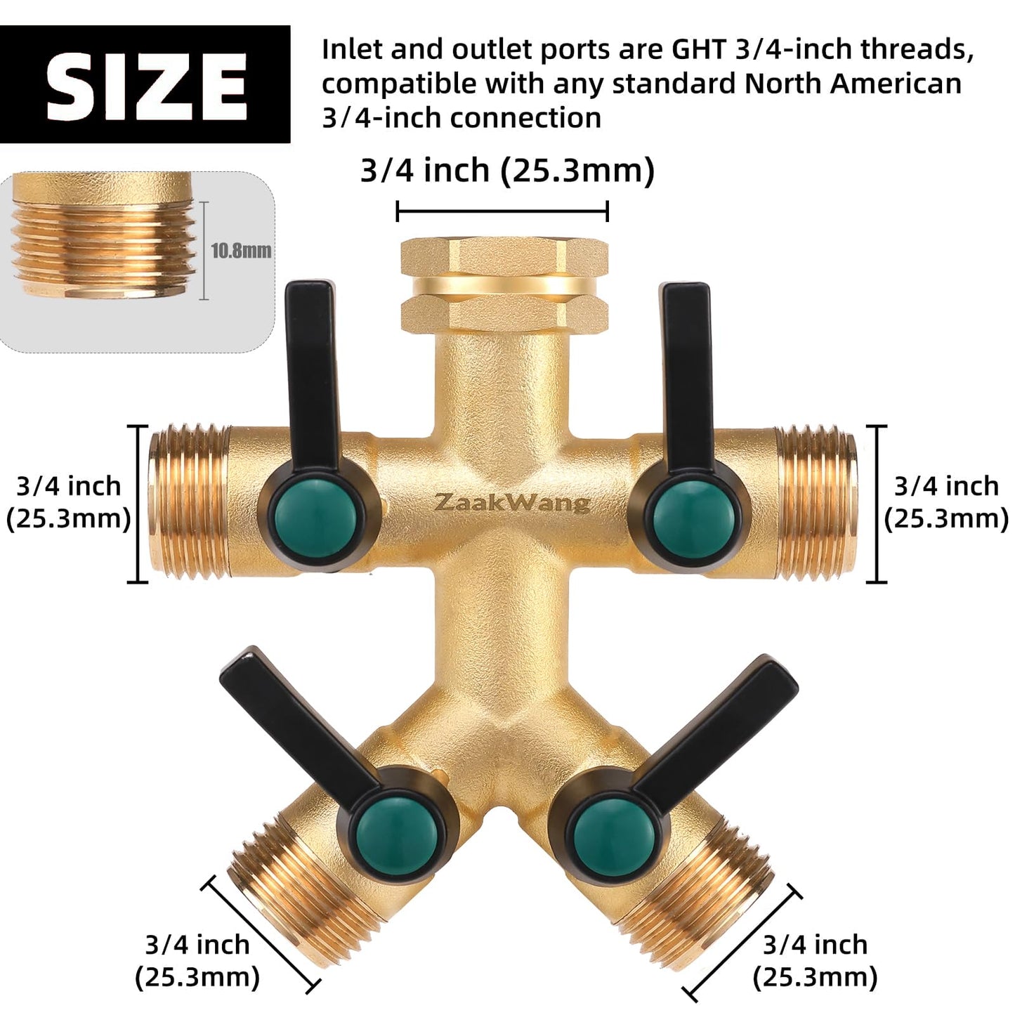 Garden Faucet Splitter, 4 Way Hose Splitter, Multi-Directional High Output Outdoor Splitter, 3/4" GHT Thickened Hex Inlet, Heavy Duty Solid Brass Spigot Adapter with Comfort Extension Handles