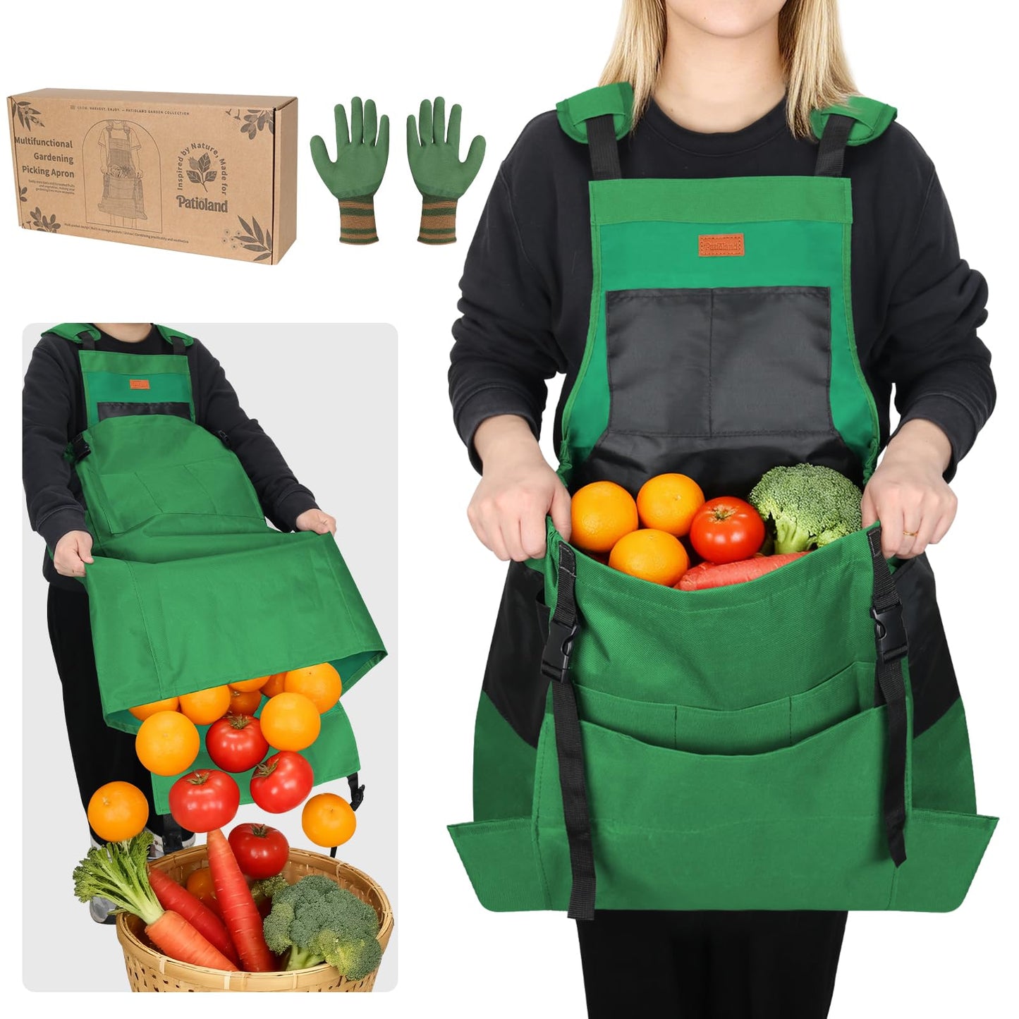 Garden Harvest Apron, Patioland Green Adjustable Fruit Picking Apron w/Bottom Release Pocket,Gardening Apron with Gloves for Women & Men, Fruit Picking and Foraging Apron for Gardeners,Gardening Gifts
