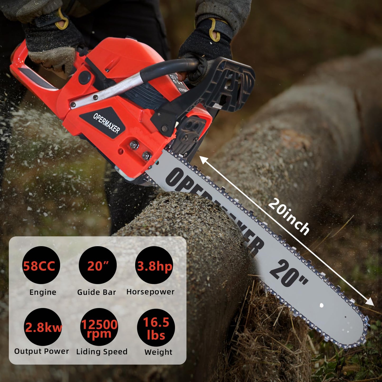 OPERMAXER 58CC 20 Inch 2-Cycle Gas Chainsaw, 12500r/min 3.8 HP Gas Power Chainsaws Handheld Cordless Petrol Chain Saw, Protective Design for Wood Cutting Garden Farm Home(Red)