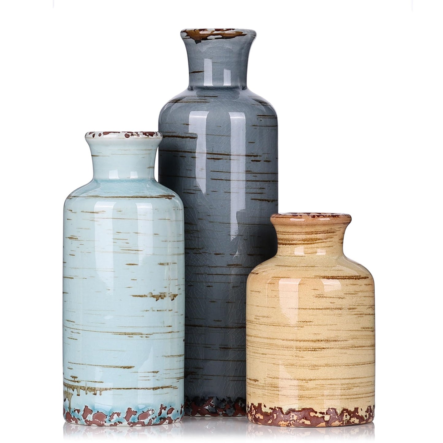 Ceramic Vase Set - 3 Small Flower Vases Home Decor, Modern Rustic Farmhouse Pottery Vases for Centerpieces, Living Room, Kitchen, Shelf, Bedroom, Bathroom, Fireplace, Table Shelf and Entryway Decor