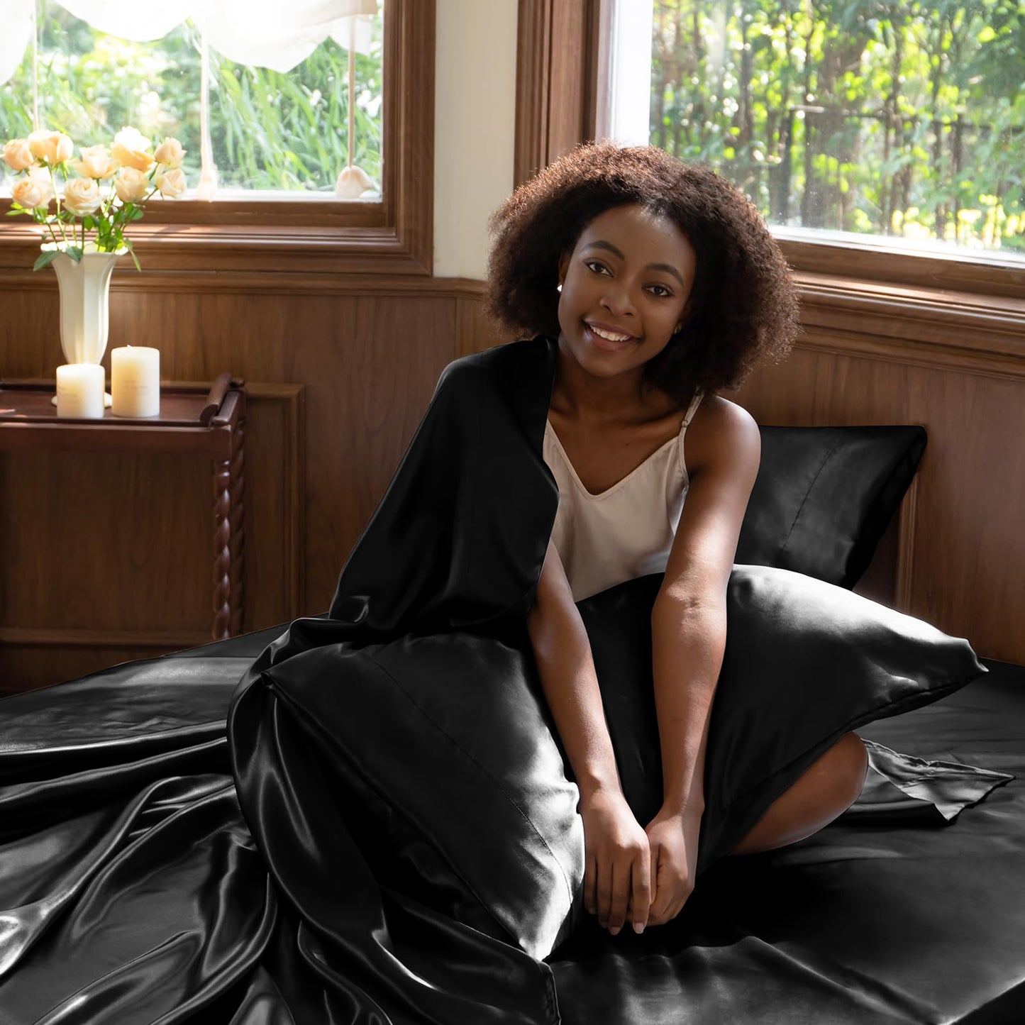 CozyLux Satin Sheets Queen Size Bed Set - 4 Piece Silky Queen Sheet Set, Luxury Black Queen Sheets with Smooth and Soft Microfiber, Includes 1 Fitted Sheet, 1 Flat Sheet and 2 Pillowcases