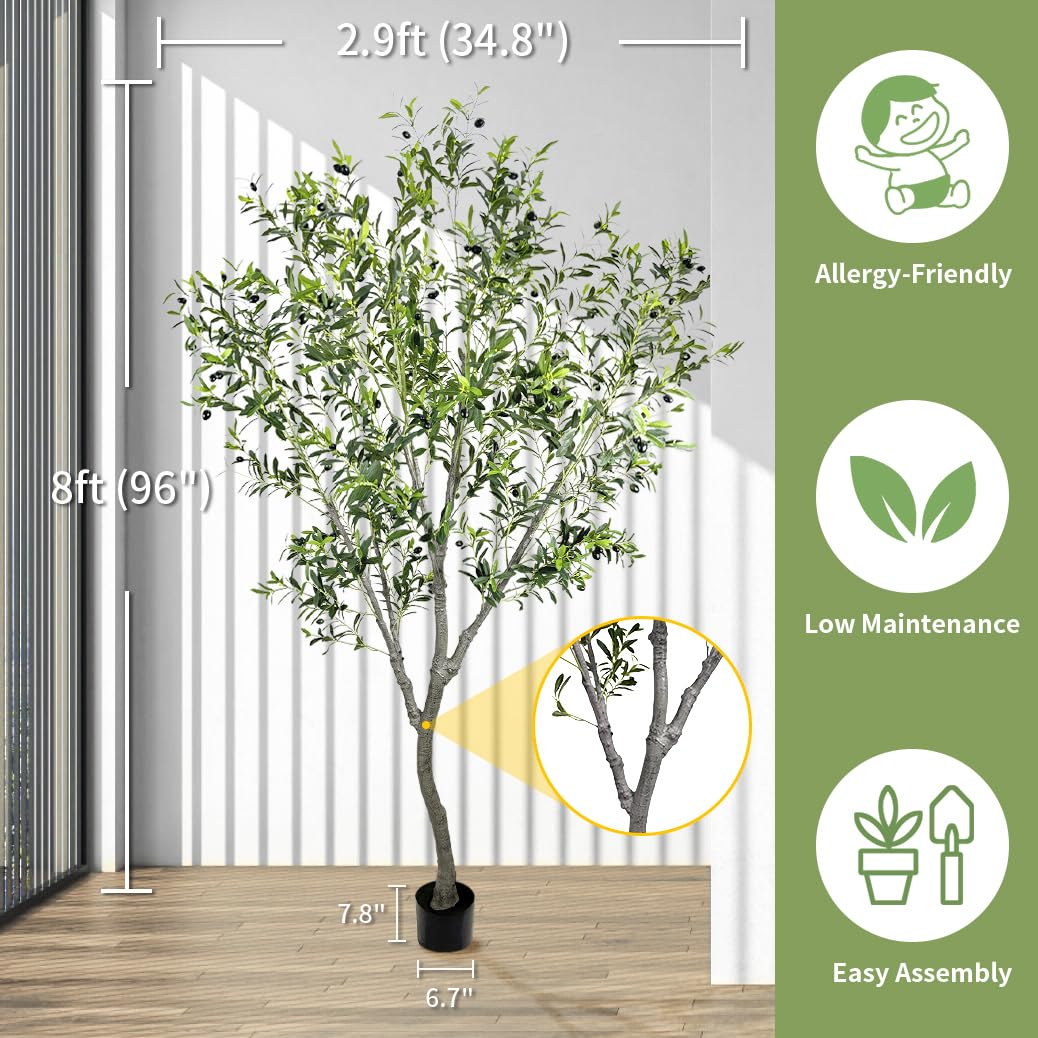 Faux Olive Tree, 8 Feet Realistic Faux Olive Tree Trunks & Leaf Fruits for Home Décor Accents, Perfect for Living Room & Office - Olive Trees Artificial Indoor