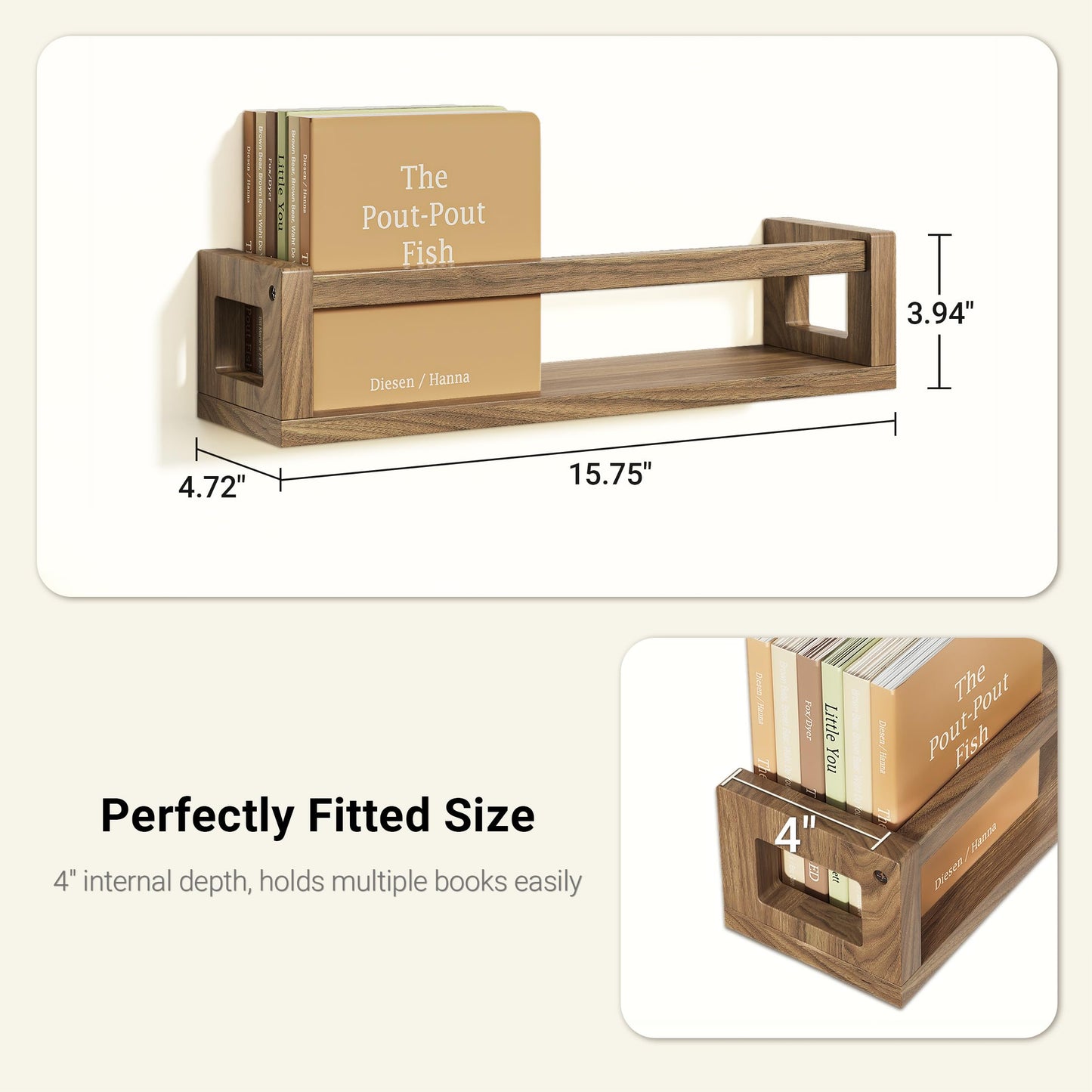 TidyCorner Upgraded Thick Floating Shelves, Solid Wood Bookshelf for Wall, Floating Book Shelves Use as Wall Shelves for Bedroom, Living Room, Kitchen, Books, Spice Rack & Decor – Dark Walnut Brown