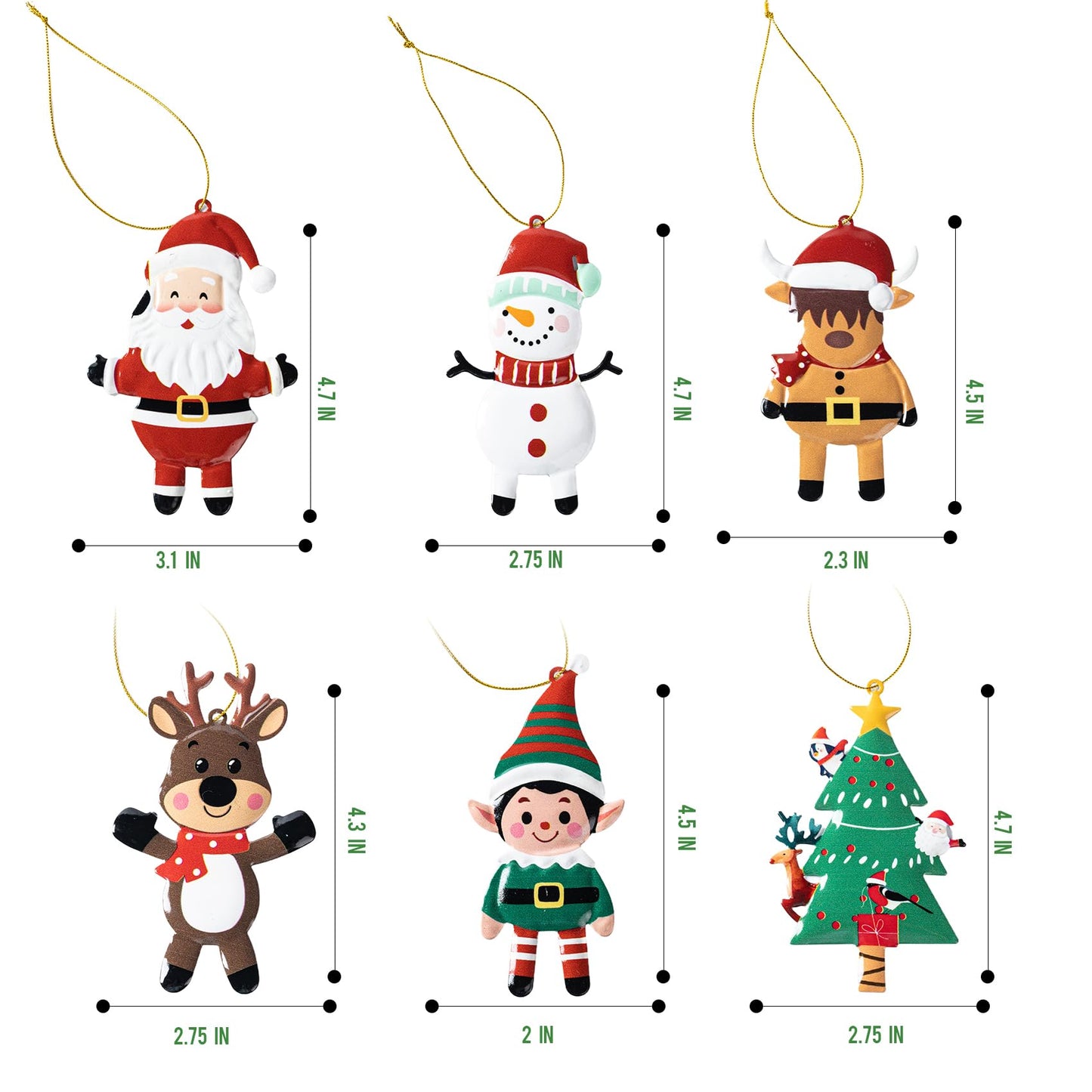 12 PCS Christmas Tree Ornaments Metal Long-Lasting Festive Holiday Ornament for Seasonal Display-Christmas Party Decorations for Mantel,Shelves, Home Accents
