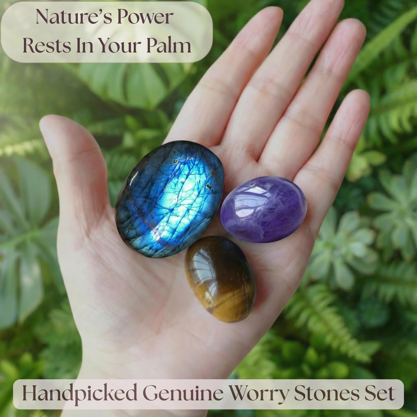 Protection & Anxiety Relief Crystal Set - Polished Palm Stones Labradorite, Tiger Eye & Amethyst, Worry Stones Trio for Meditation, Yoga, Travel Protection, Aura Cleansing & Chakra Balance