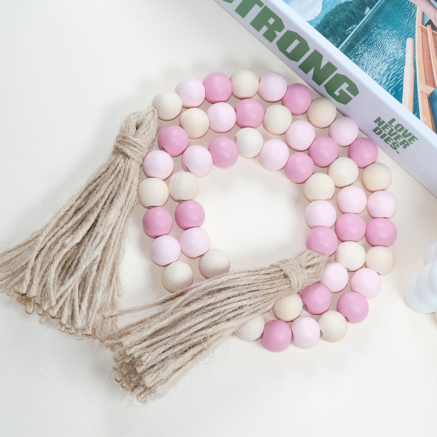 Purple Wood Beads Garland with Tassels, 1 Pcs Farmhouse Rustic Country Decor Prayer Beads Boho Chic for Farmhouse, Wall Hanging, Home Decoration (Gold, 39 Inch)