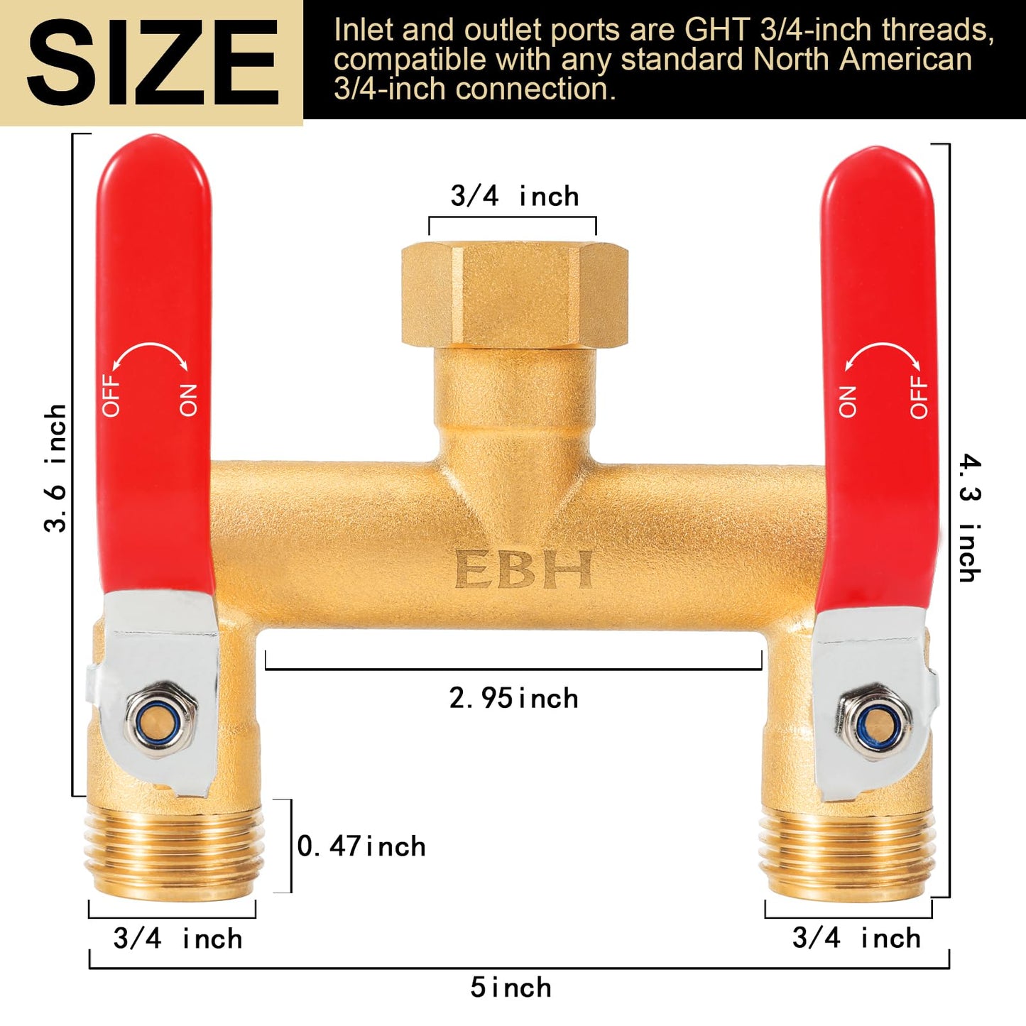 EBH Garden Hose Splitter, 2-Way Full Flow Brass Heavy Duty Outdoor Hose Manifold with Extra Long Handles Shutoff Valves Spigot Adapter- 3/4” GHT Thread