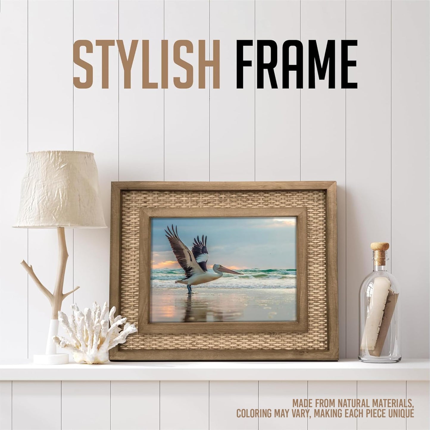 Fairwood Way Rattan Frame for 8x10 Photos, EACH UNIQUE Natural Fir Wood, Handwoven Rattan Mat, Boho Picture Frame, 8x10 picture frame for Wall/Table Mount (12.5" x 14.5" Outer), Coastal Decor