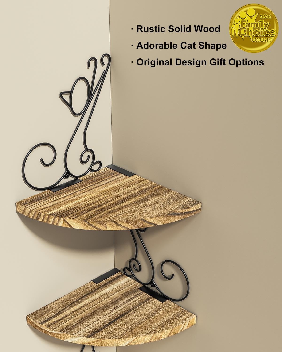 Alsonerbay Wall Mount Corner Shelves 4 Tier Floating Corner Storage Wood Shelves Decorative Rustic Radial Shelf in Cat Shape Carbonized Black