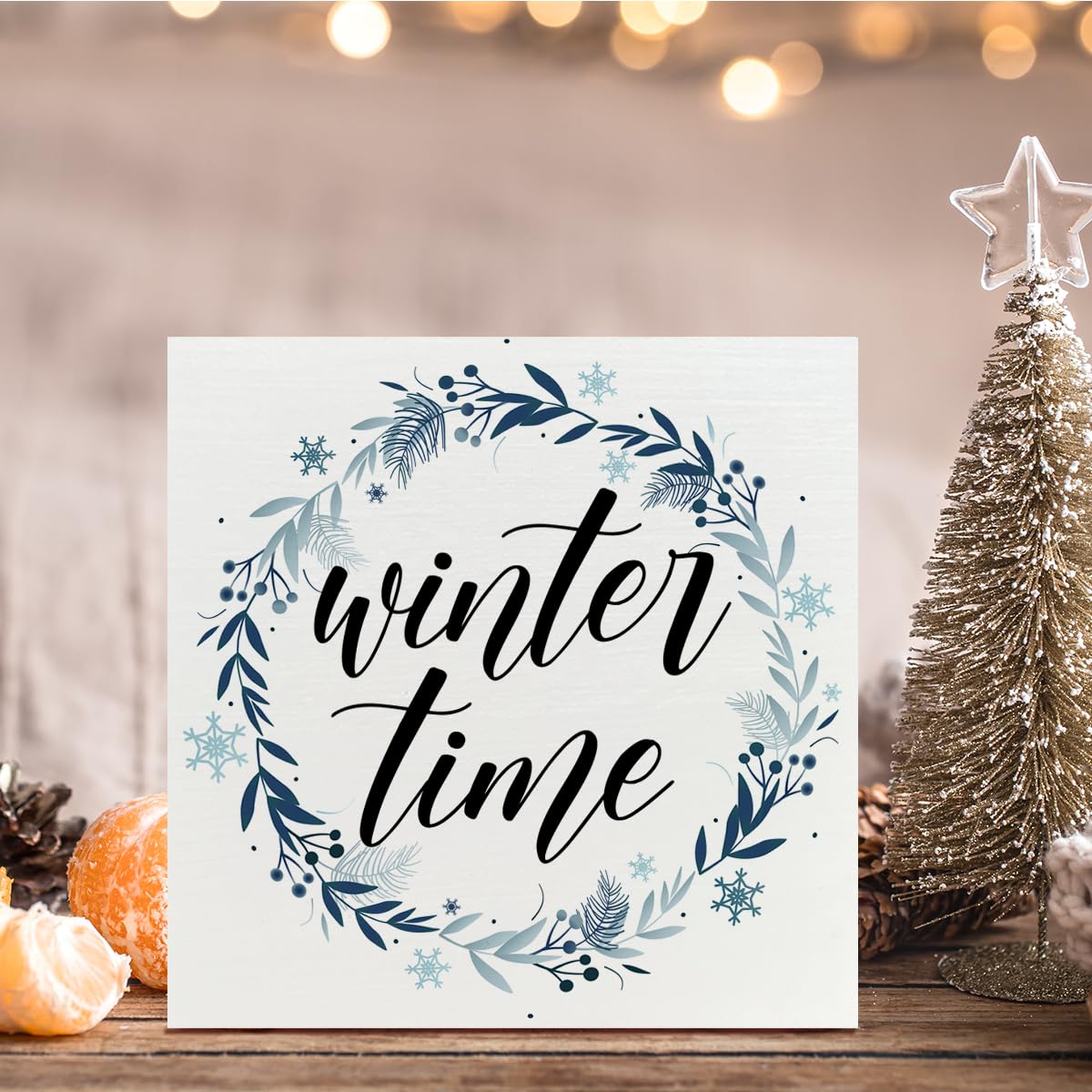 Wooden Box Sign, Snowflake Table Decor, Xmas Decoration for Kitchen, Living Room, Home - Winter Time