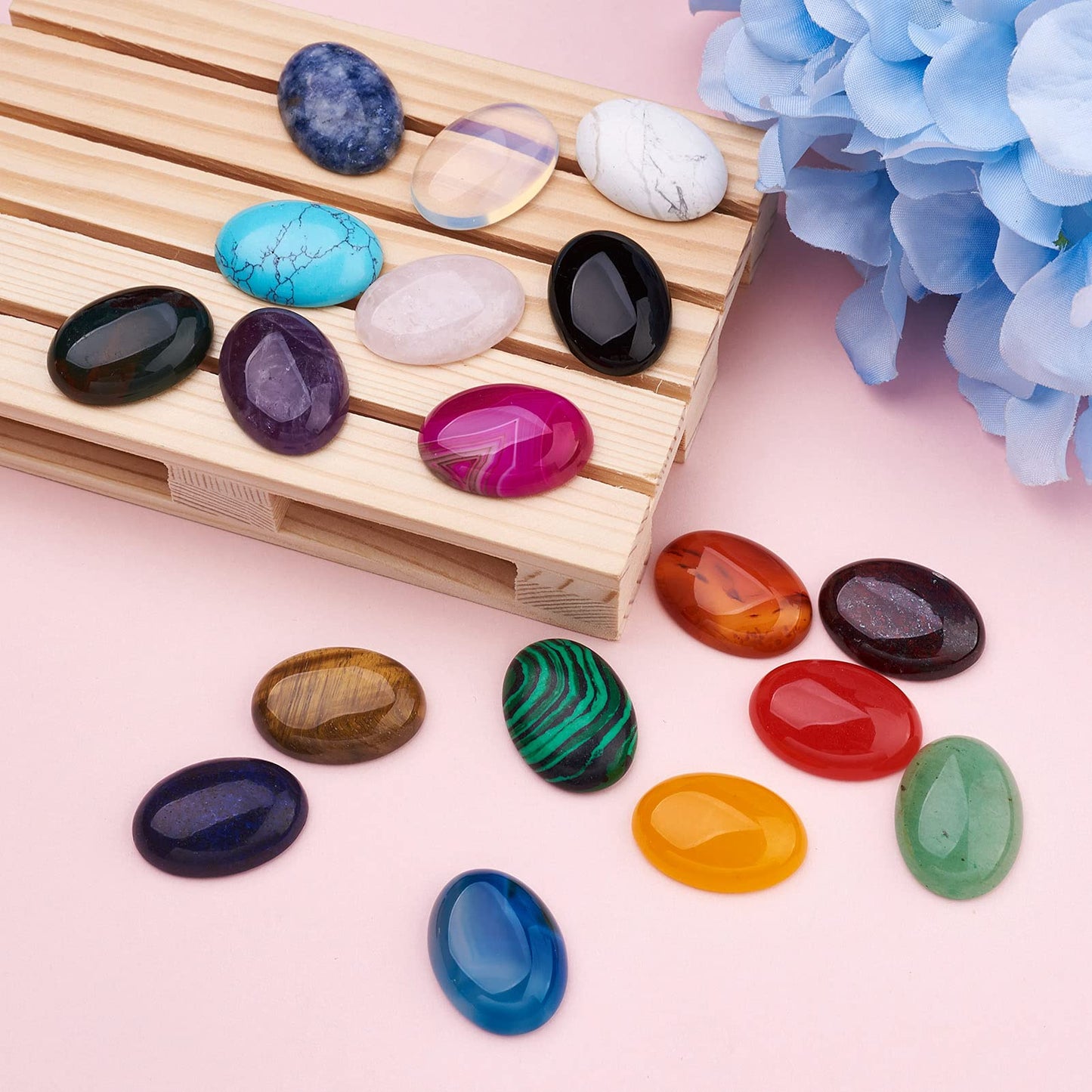 Fashewelry 36pcs Oval Healing Crystal Gemstone Cabochons 25x18mm Assorted Flatback Natural & Synthetic Energy Stone Cab Covers No Hole for Jewelry Craft Bracelet Necklace Making