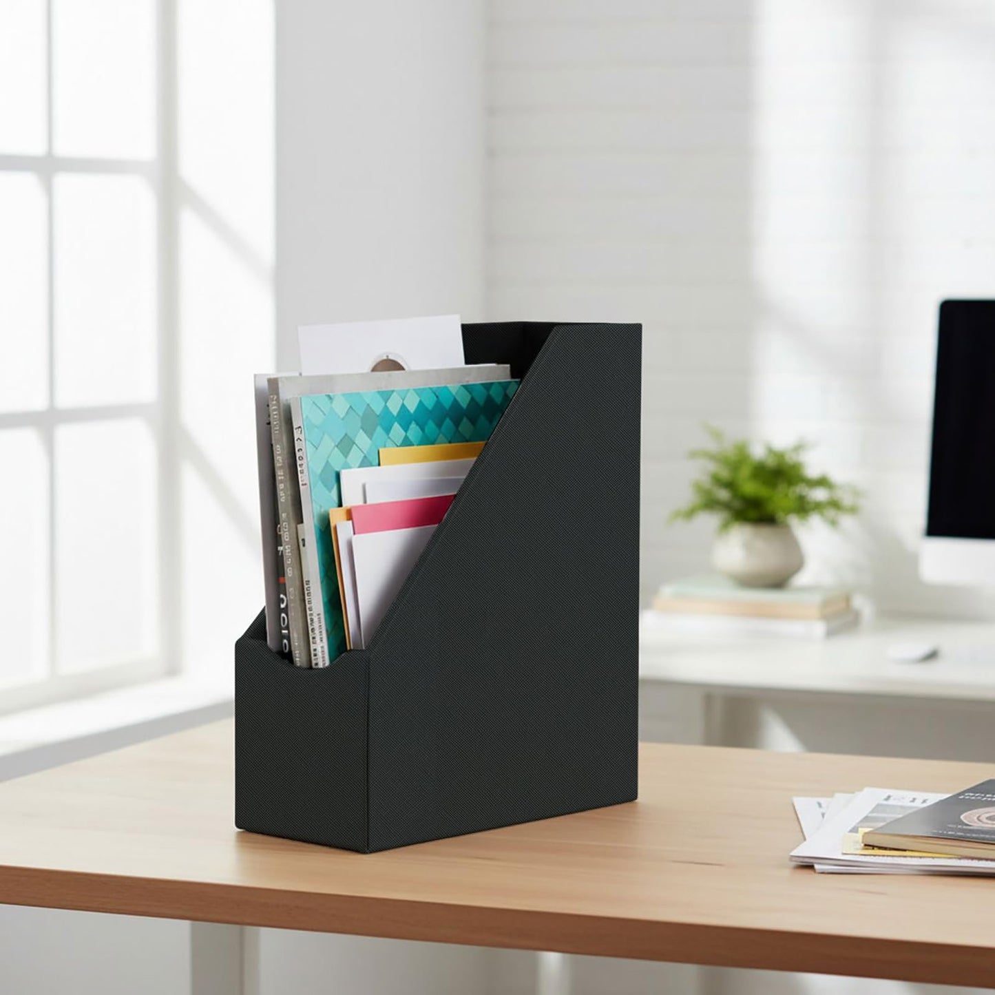 UnionBasic Magazine File Holder, Leatherette Desktop Document Organizer, Home Office Paper Holder File Storage Literature Sorter, Grey