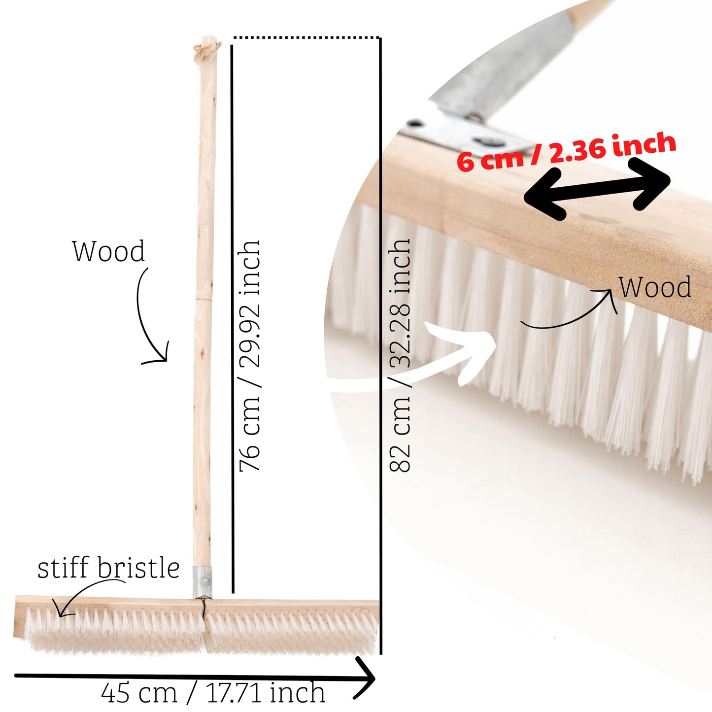 BMart Home 17.71” Heavy Duty Push Broom Outdoor, Stiff Plastic Bristles 4-Layer, 32.28” Wooden Handle, Industrial Broom for Garage Floor, Warehouse, Patio, Concrete, Deck & Sidewalk Cleaning