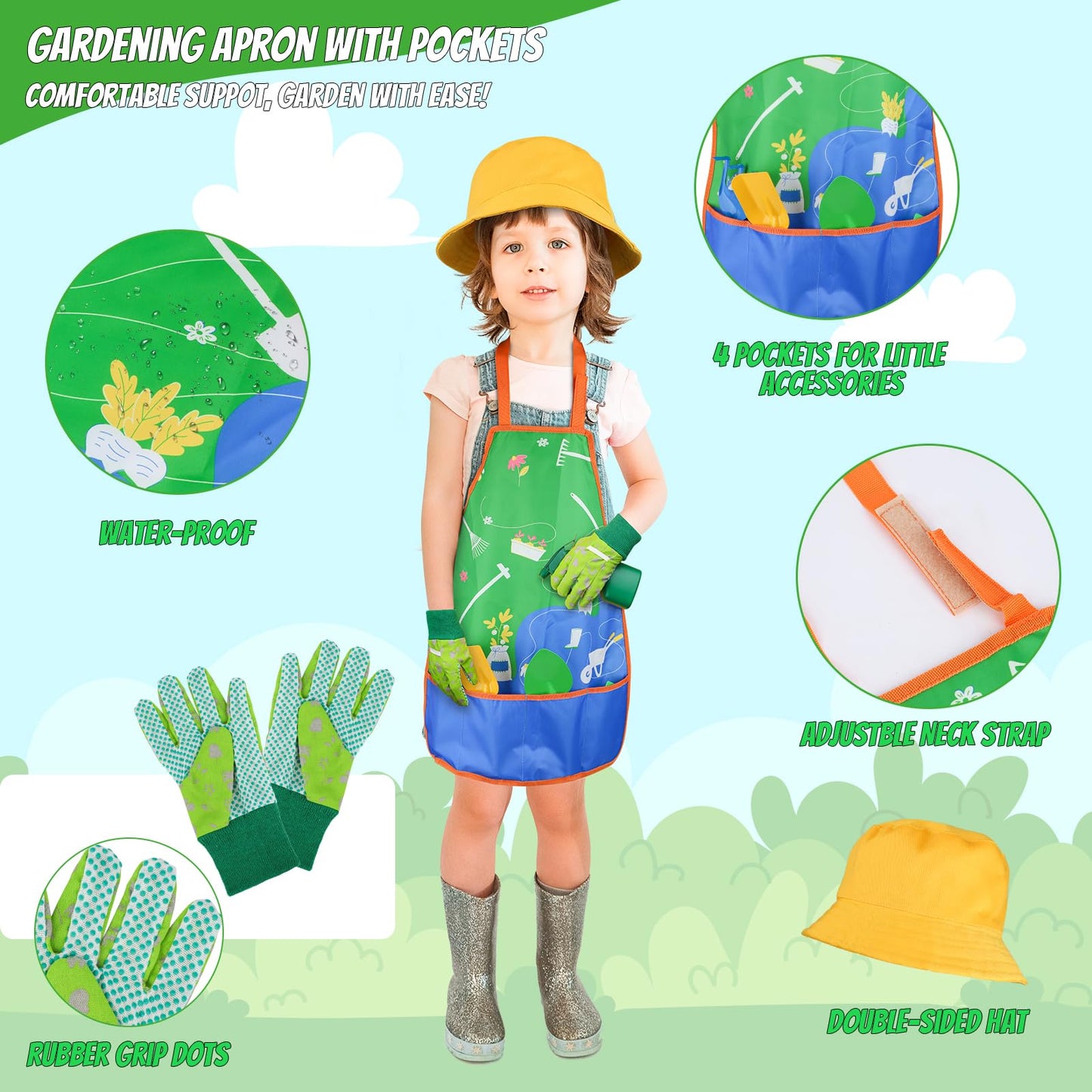 Magic4U Kids Gardening Tools Set, 22 Pcs Metal Garden Tools Toys with Apron, Gloves, Wood Handle Shovel, Rake, Hoe and Leaf Rake, Outdoor Digging Toys Gifts for Kids Age 3+