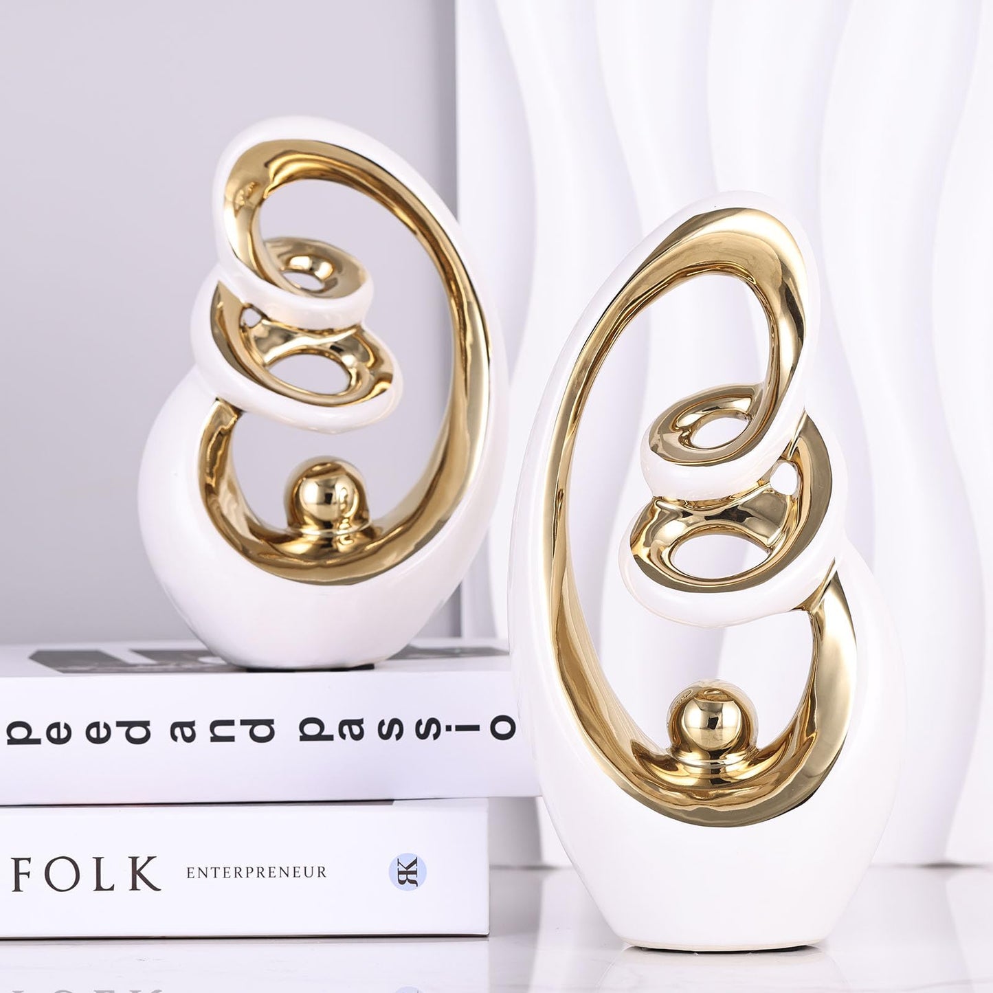 GAOSHENG Modern Abstract Porcelain Sculpture, White Gold Show Piece for Home, Knick Knacks for Decor, Tv Stand Centerpiece