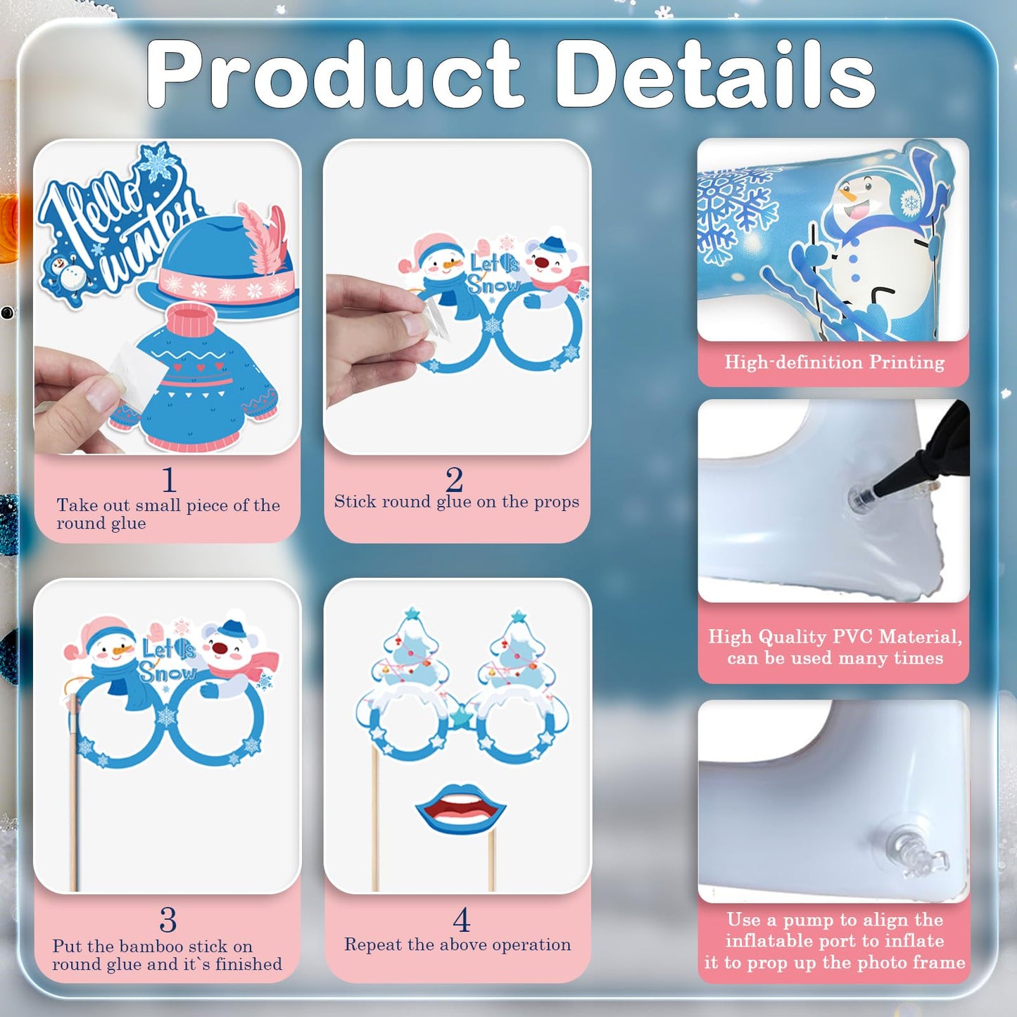 Winter Photo Booth Props Inflatable Frame, 30Pcs Winter Wonderland Photo Props with Inflatable Picture Frame Large for Frozen Holiday Party Selfie Supplies