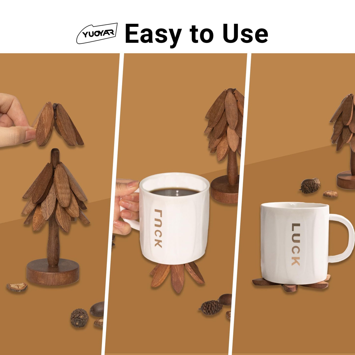 Yuoyar Coasters, Wooden Tree-Shaped sapele Wood Drink Coasters Set for Coffee Table, Kitchen Table Decor