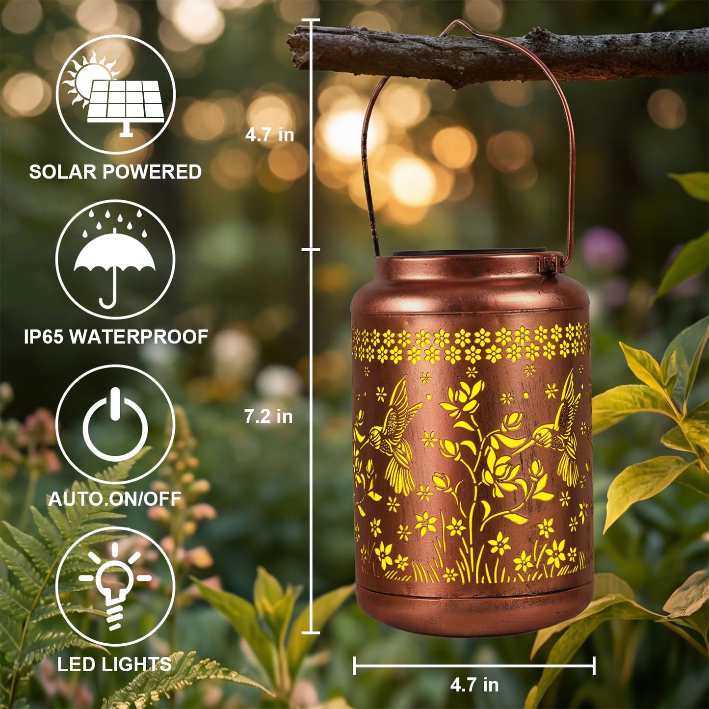 NISUNS Hummingbird Solar Lantern for Outdoor - Waterproof Mothers Day Gift for Mom Grandma Women, Hanging Garden Art Decor for Patio Backyard Porch with Auto Dusk to Dawn (Hummingbird with Flower)