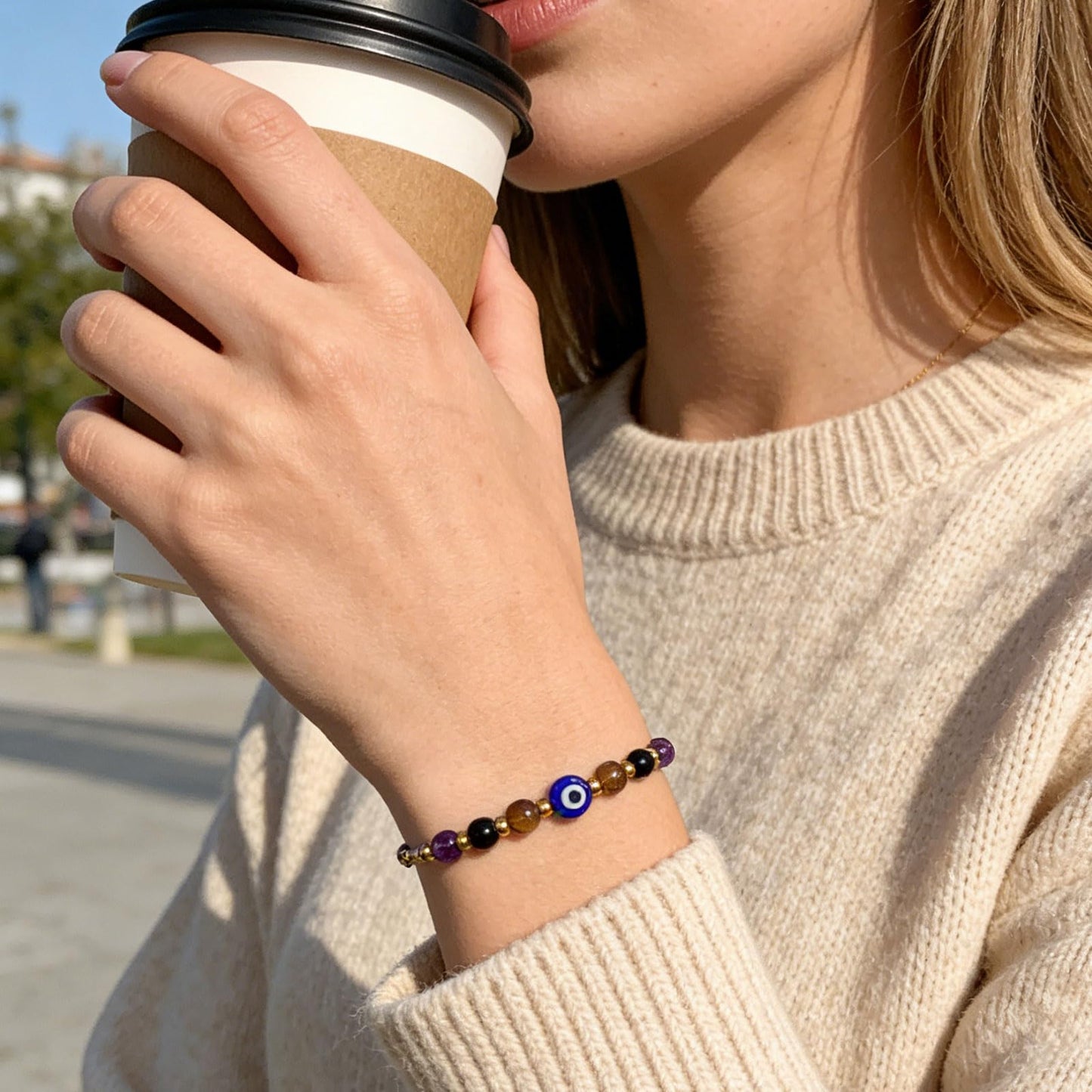 Cute Evil Eye Bracelet Red Black - Natural Crystal Protection Adjustable Spiritual Guardian Jewelry- 5 Healing Stones Clear Quartz Amethyst Black Tourmaline Tiger Eye Bracelet Adjustable (Blue Eye-Brown Rope)