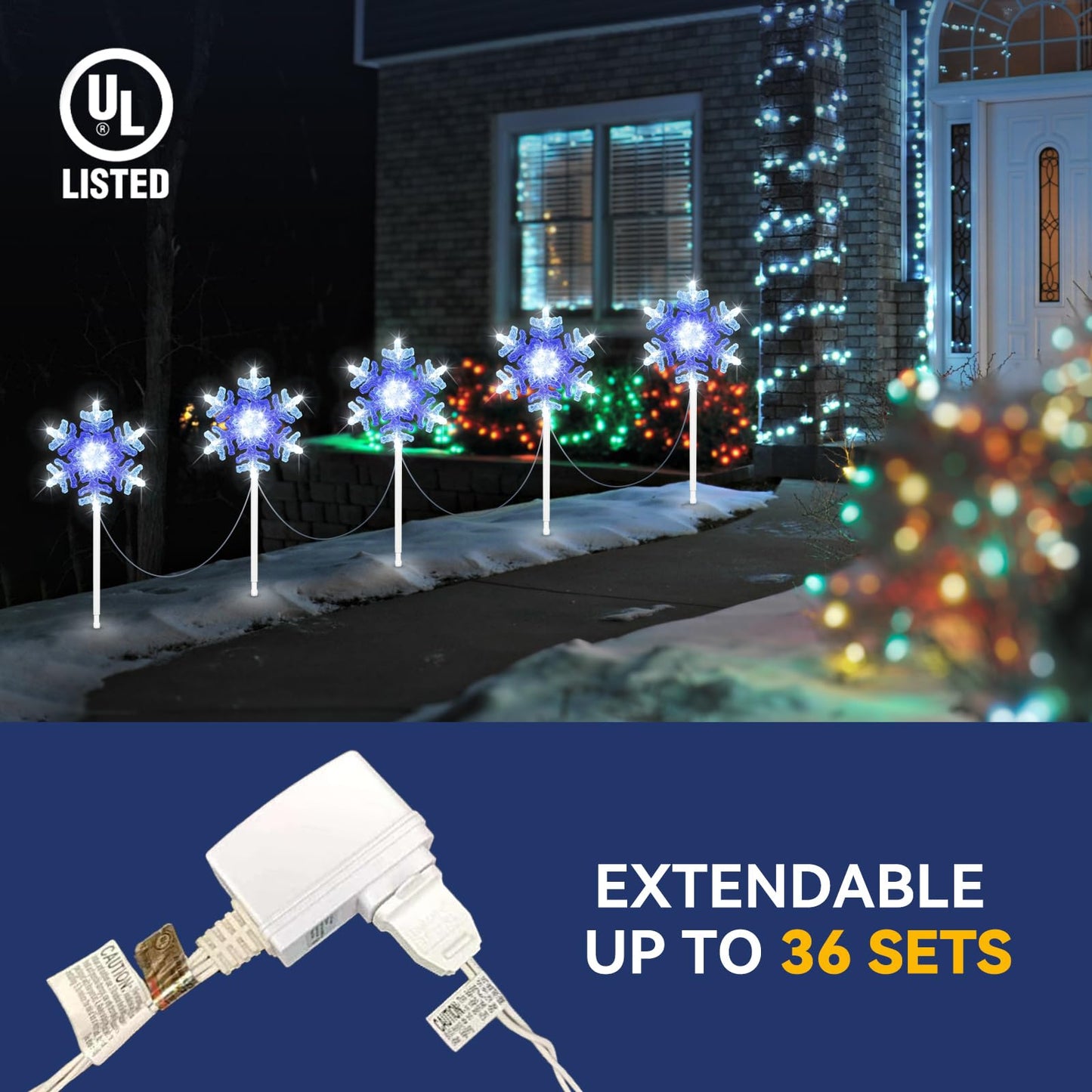 Snowflake lights outdoor 3D Crystal Cool White and Blue Chasing Led 9 ft set of 5 Yard Stake Snowflake Christmas Pathway Lights Connectable Christmas Decorations Outside for Yard Path Lawn Patio Decor
