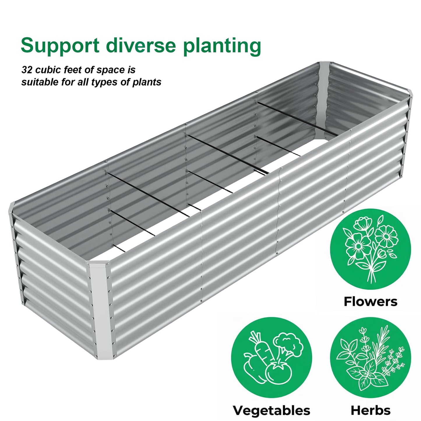 Reachible 8x2x2FT Galvanized Raised Garden Beds Outdoor,Planter Raised Beds for Gardening, Vegetables, Flowers,Large Metal Garden Box,Deep Plant Flower pots Outdoor (Galvanized, 1Pack)