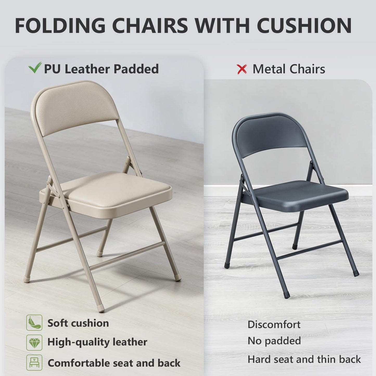 Folding Chairs 2 Pack, PU Leather Padded Folding Chairs for Outside and Indoor, Heavy Duty Portable Foldable Metal Commercial Seat for Home Office, Dorm, Party, Backyard, Lawn, Patio, Khaki