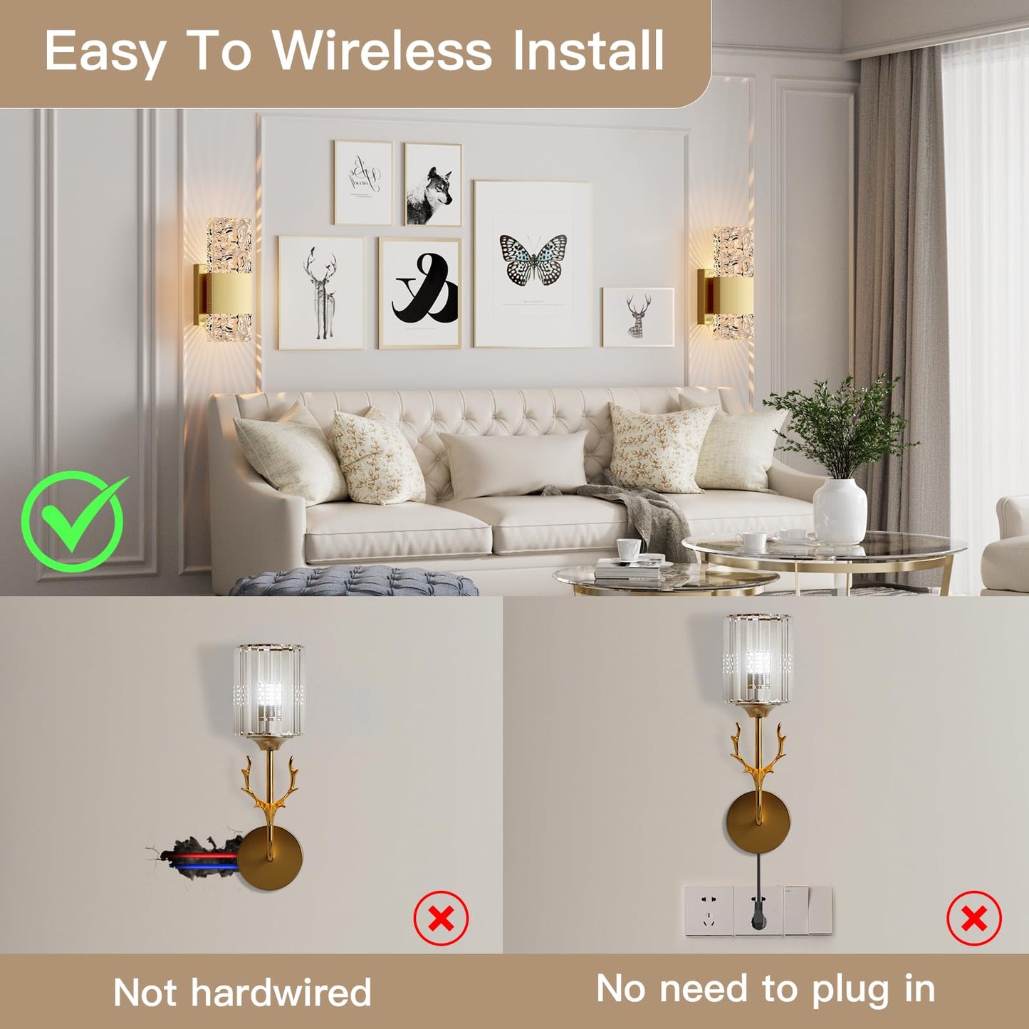 camuucci Battery Operated Wall Sconce Rechargeable Battery Powered 12000mAh Wall Light Indoor Not Hardwired Wall Lamp Fixtures for Bedroom Living Room 2Pack