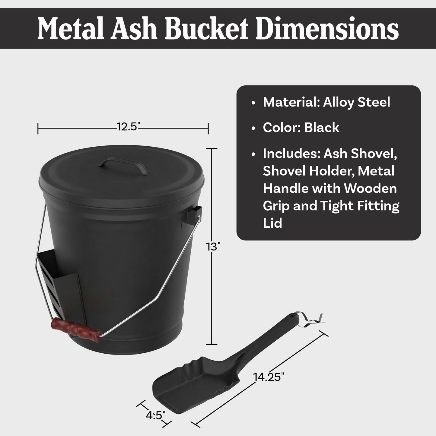 Home-Complete 4.75 Gallon Black Ash Bucket with Lid and Shovel-Essential Tools for Fireplaces, Fire Pits, Wood Burning Stoves-Hearth Accessories