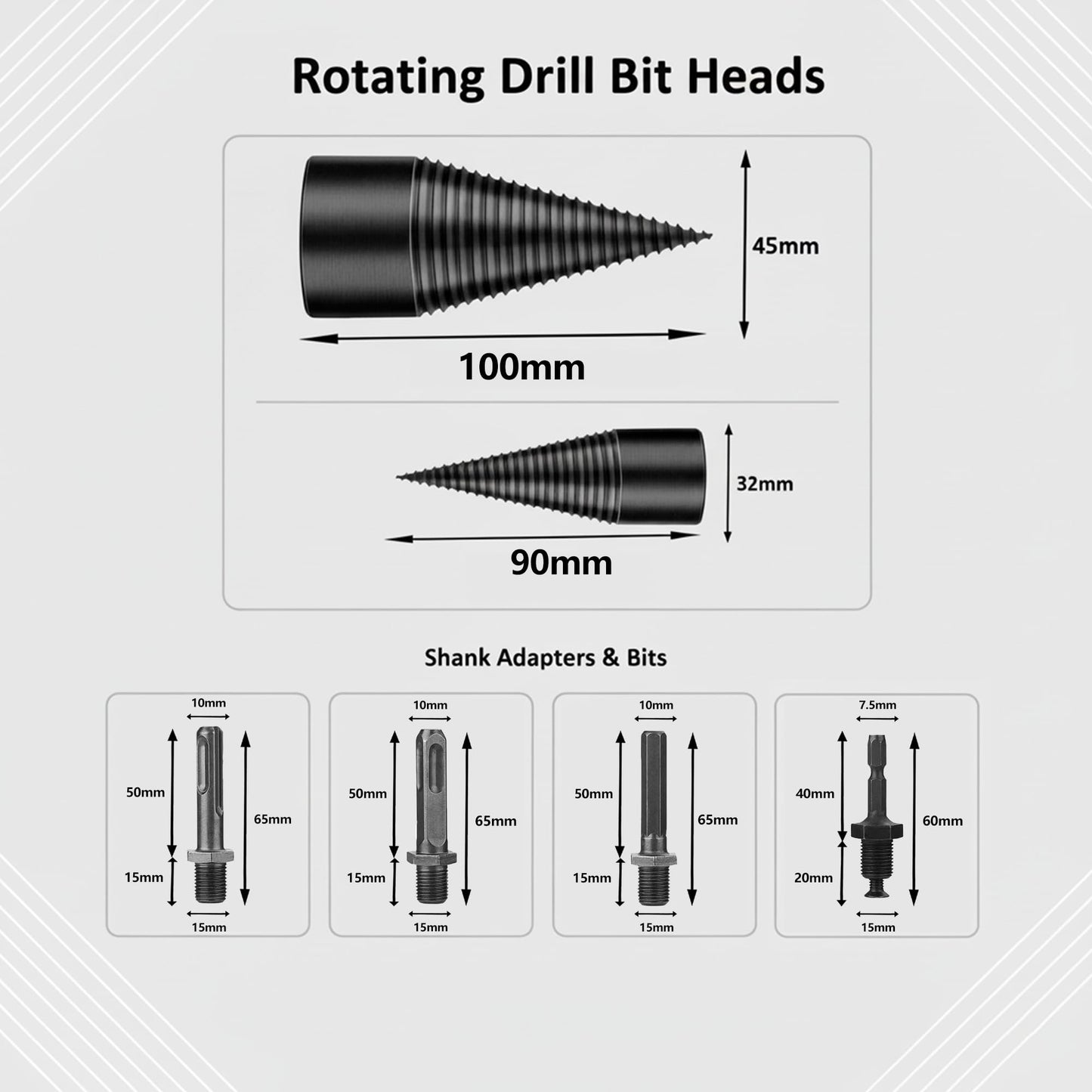Firewood Log Splitter 2 Pack 45mm+32mm Easy Log Splitting Drill Bits Heavy Duty Electric Drills Screw Cone Driver Tools Split Wood Efficiently for Dry Soft Woods + 4 Drill Attachments (Black)
