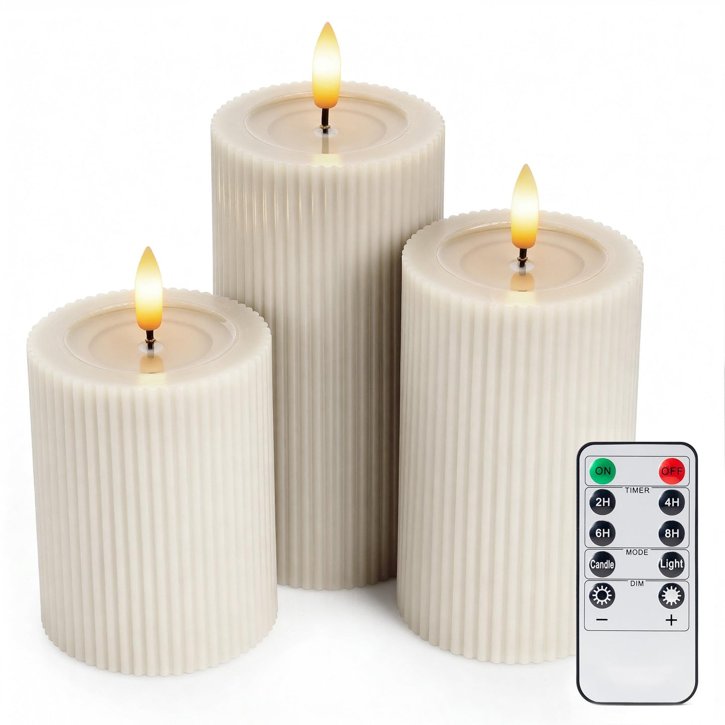 West Ivory Fluted Ribbed LED Pillar Candles, Cream Beige, with Reflective Melted-Wax Effect – Flickering Flame, Remote, Dimmable, Flameless, Battery Operated, Home & Wedding Decor (Set of 3)