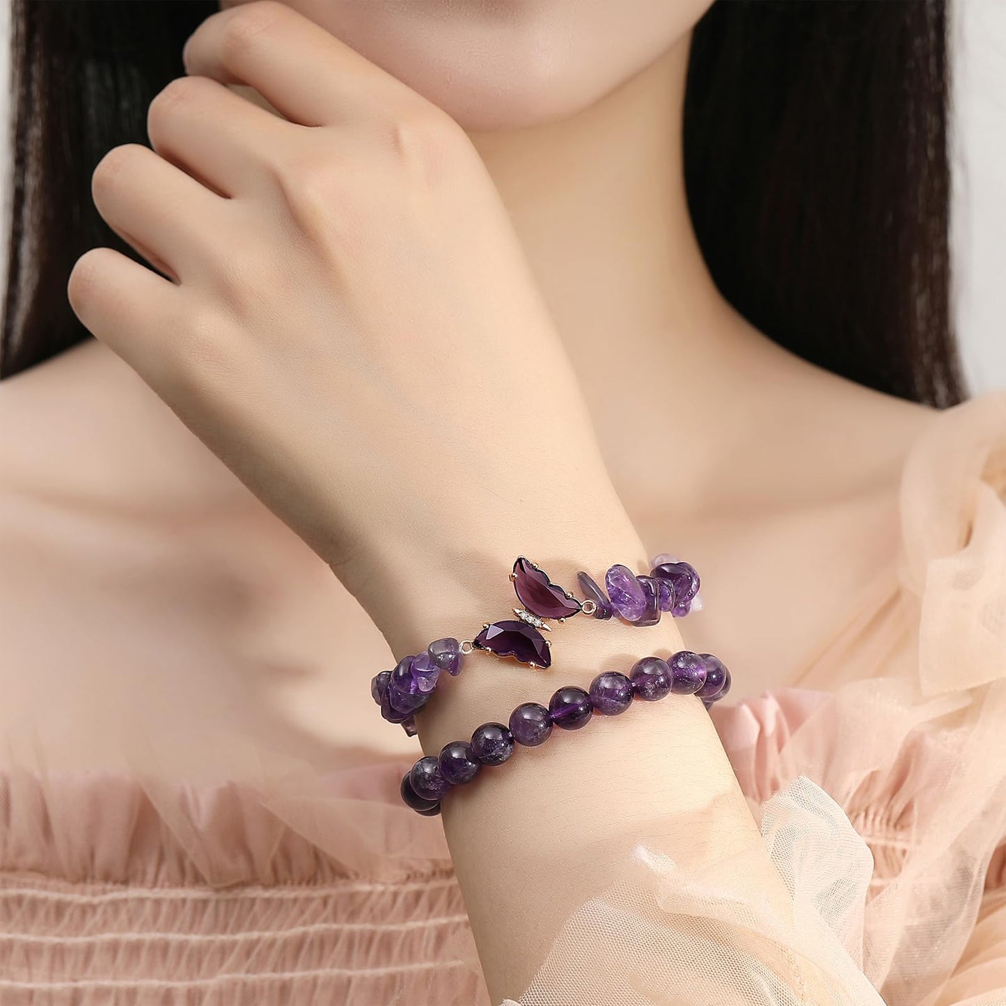 DUQGUHO Purple Bracelets for Women, Butterfly Bracelets for Women, Healing Anxiety Amethyst Bracelet, Butterfly Charms Crystal Jewelry Purple Gifts for Woman 2PCS