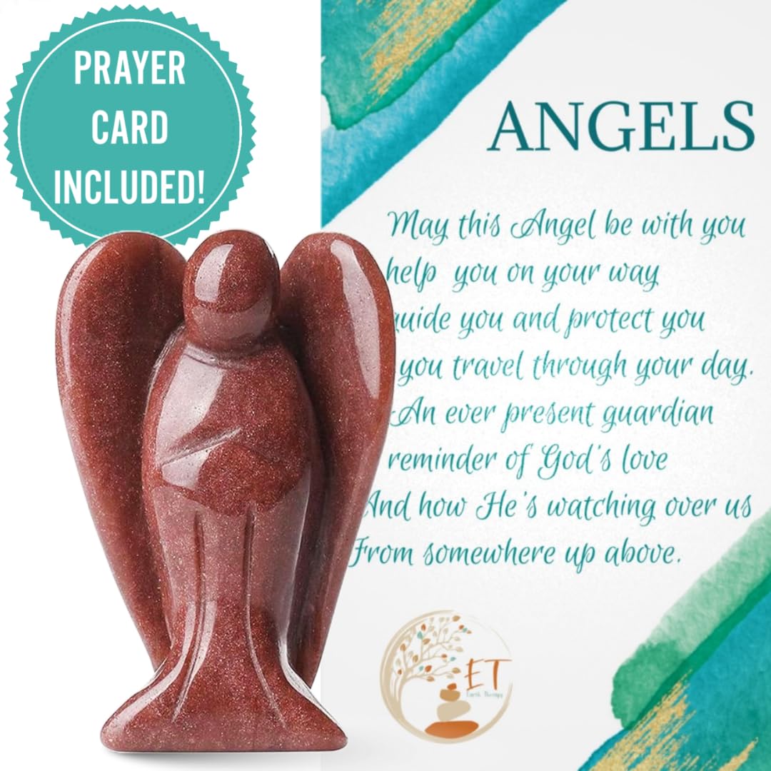 Earth Therapy Original Hand-Carved Pocket Guardian Angel with Comforting Prayer Card - Red Goldstone Figurine - Spiritual Healing Gift to Bless You and Your Loved Ones